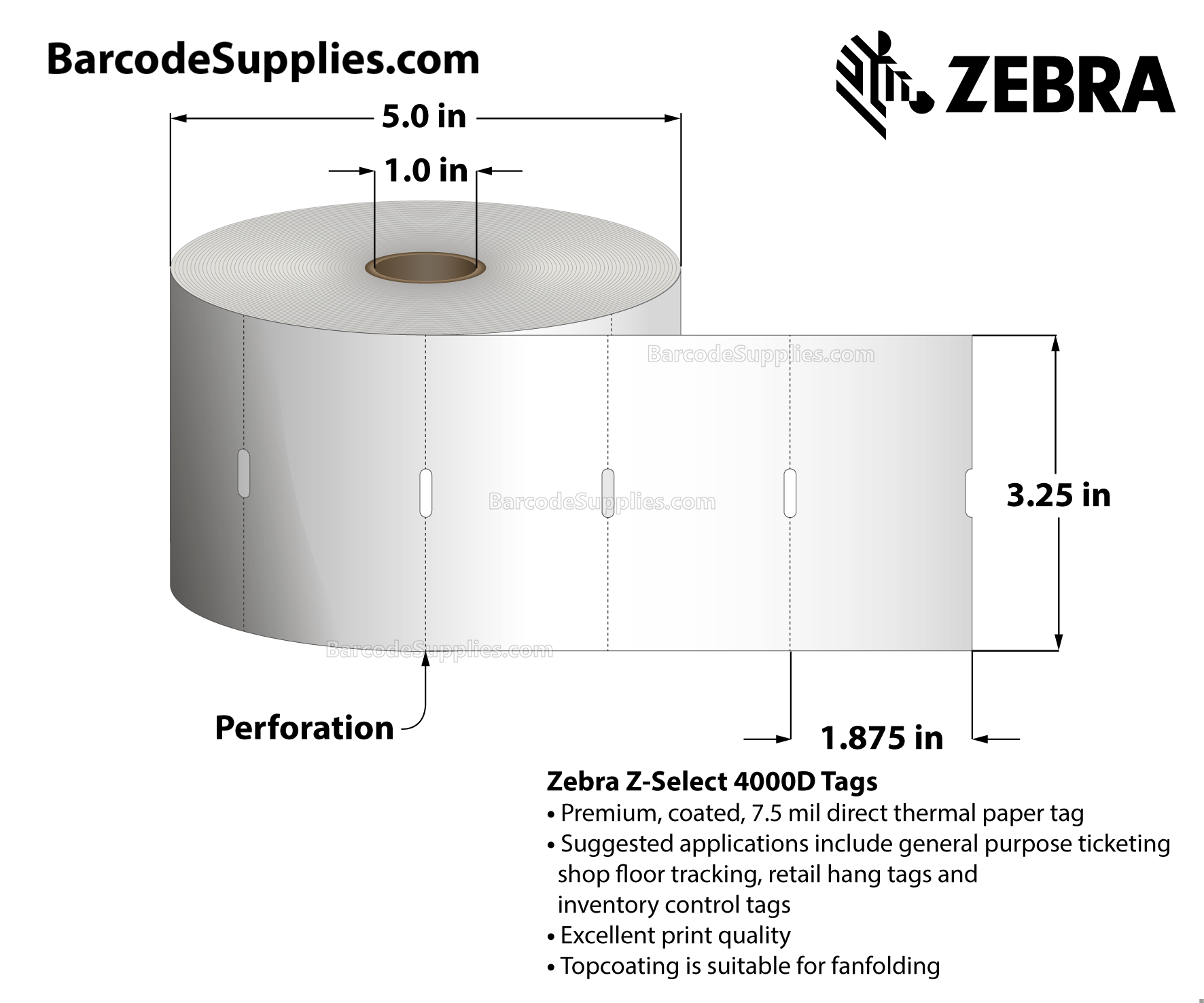 3.25 x 1.875 Direct Thermal White Z-Select 4000D 7 mil Tag Tags With No Adhesive - Contains sensing notch - Perforated - 1170 Tags Per Roll - Carton Of 6 Rolls - 7020 Tags Total - MPN: 10010055