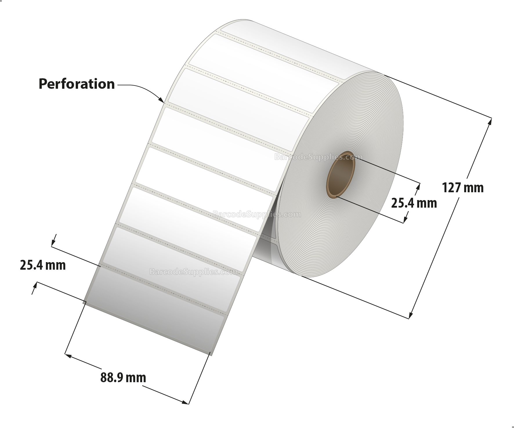 3.5 x 1 Thermal Transfer White Labels With Permanent Acrylic Adhesive - Perforated - 2300 Labels Per Roll - Carton Of 4 Rolls - 9200 Labels Total - MPN: TH351-15PTT