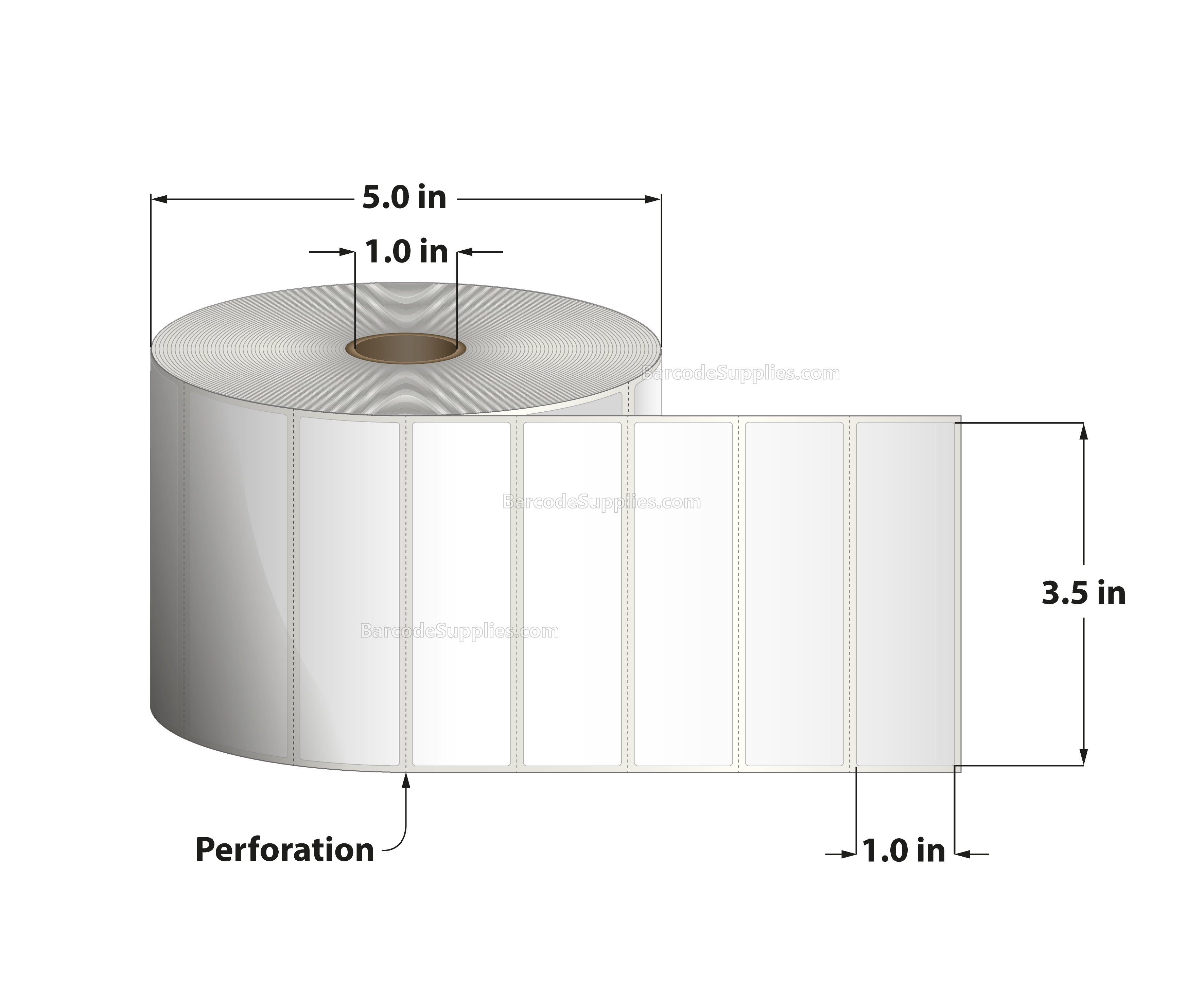 3.5 x 1 Thermal Transfer White Labels With Permanent Adhesive - Perforated - 2500 Labels Per Roll - Carton Of 12 Rolls - 30000 Labels Total - MPN: RT-35-1-2500-1 - BarcodeSource, Inc.