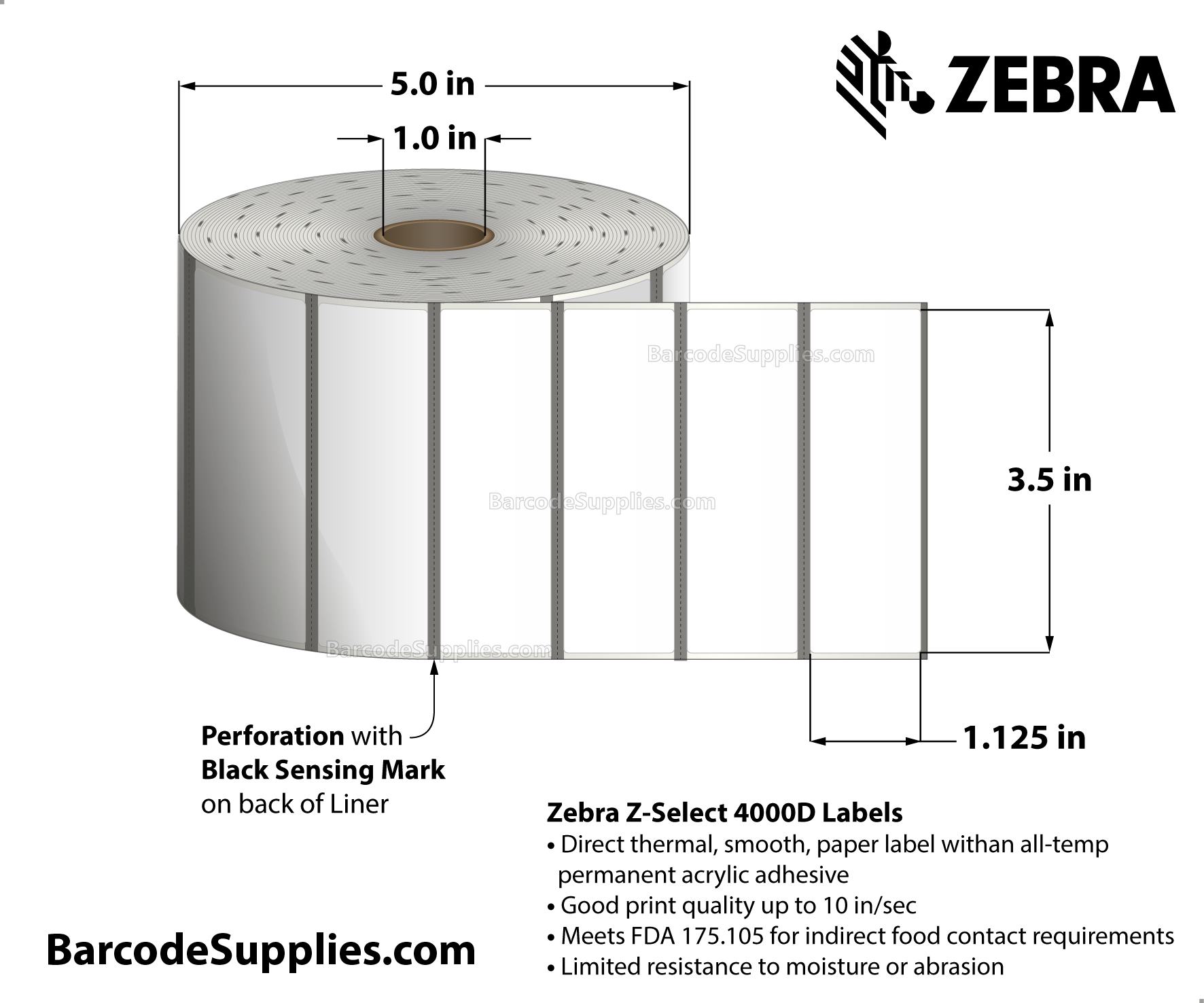 3.5 x 1.125 Direct Thermal White Z-Select 4000D Labels With All-Temp Adhesive - Label has square edges - Black mark sensing - Perforated - 2374 Labels Per Roll - Carton Of 4 Rolls - 9496 Labels Total - MPN: 10013885