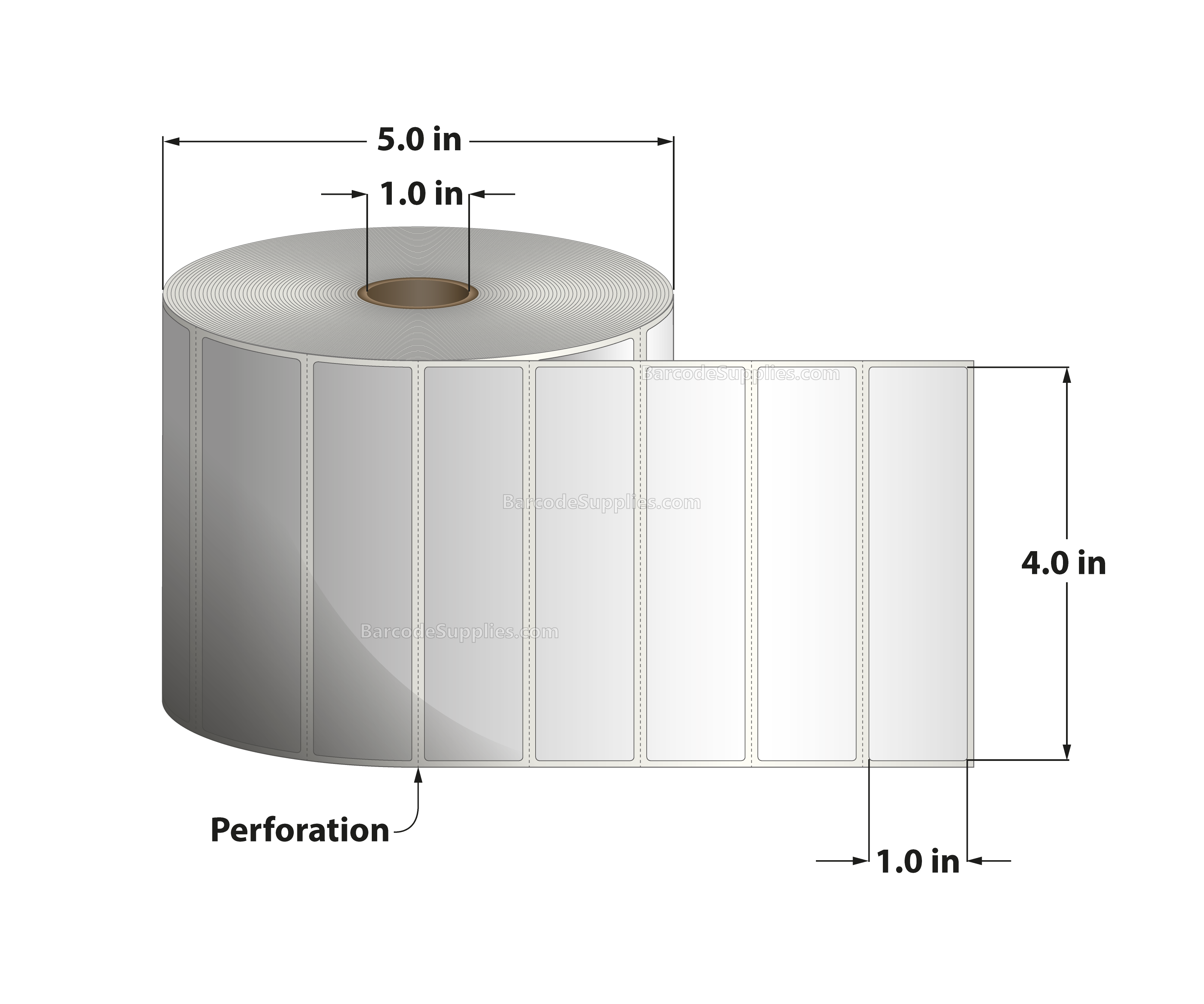 4 x 1 Thermal Transfer White Labels With Permanent Adhesive - Perforated - 2500 Labels Per Roll - Carton Of 12 Rolls - 30000 Labels Total - MPN: RT-4-1-2500-1 - BarcodeSource, Inc.