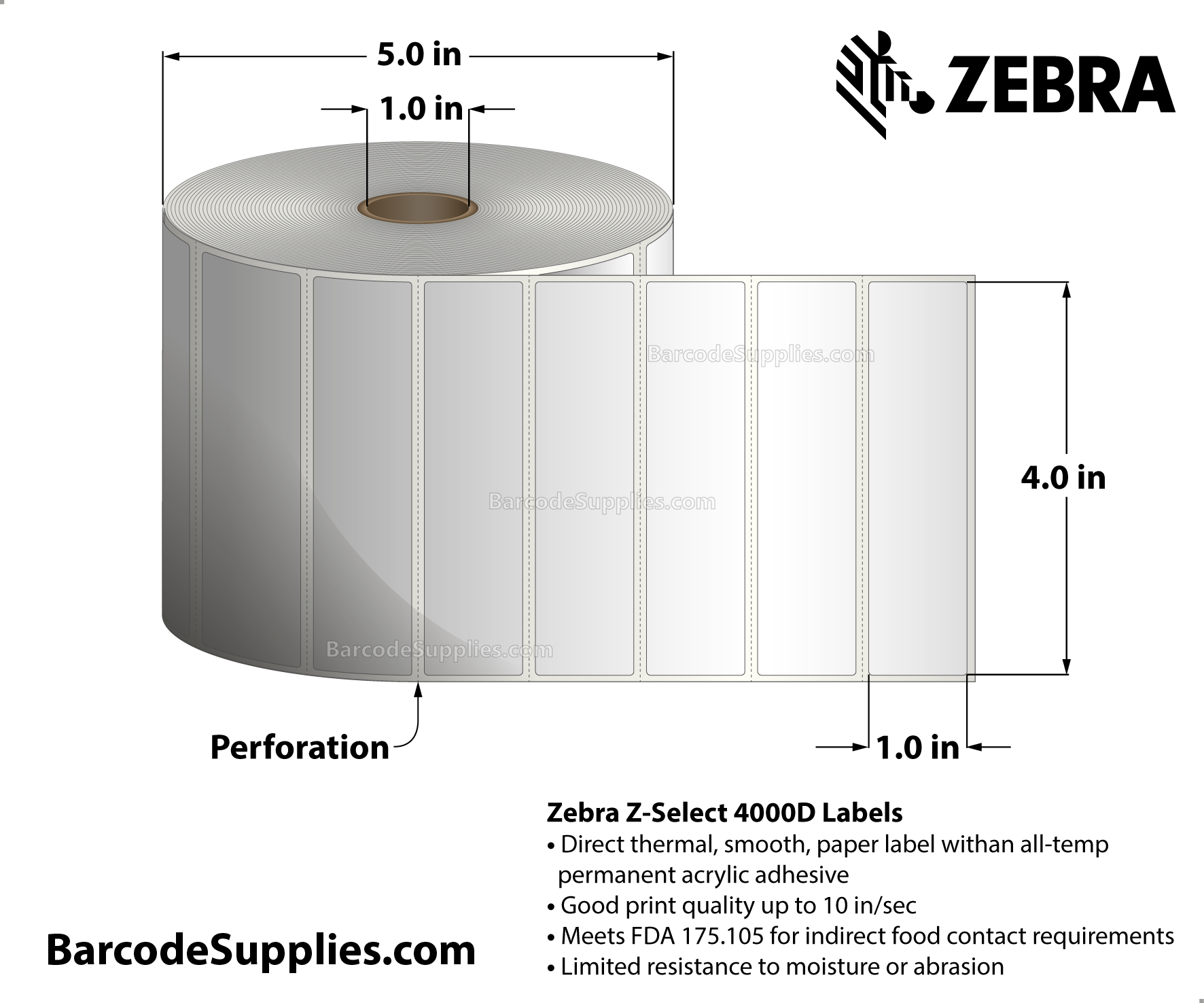 4 x 1 Direct Thermal White Z-Select 4000D Labels With All-Temp Adhesive - Perforated - 2340 Labels Per Roll - Carton Of 6 Rolls - 14040 Labels Total - MPN: 10010045