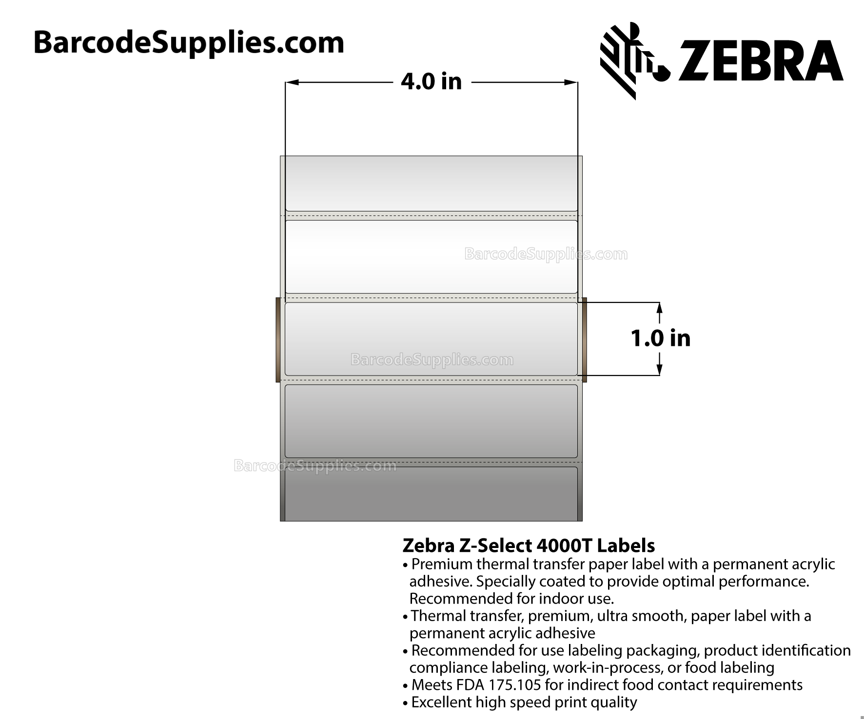 4 x 1 Thermal Transfer White Z-Select 4000T Labels With Permanent Adhesive - Perforated - 2260 Labels Per Roll - Carton Of 4 Rolls - 9040 Labels Total - MPN: 83340
