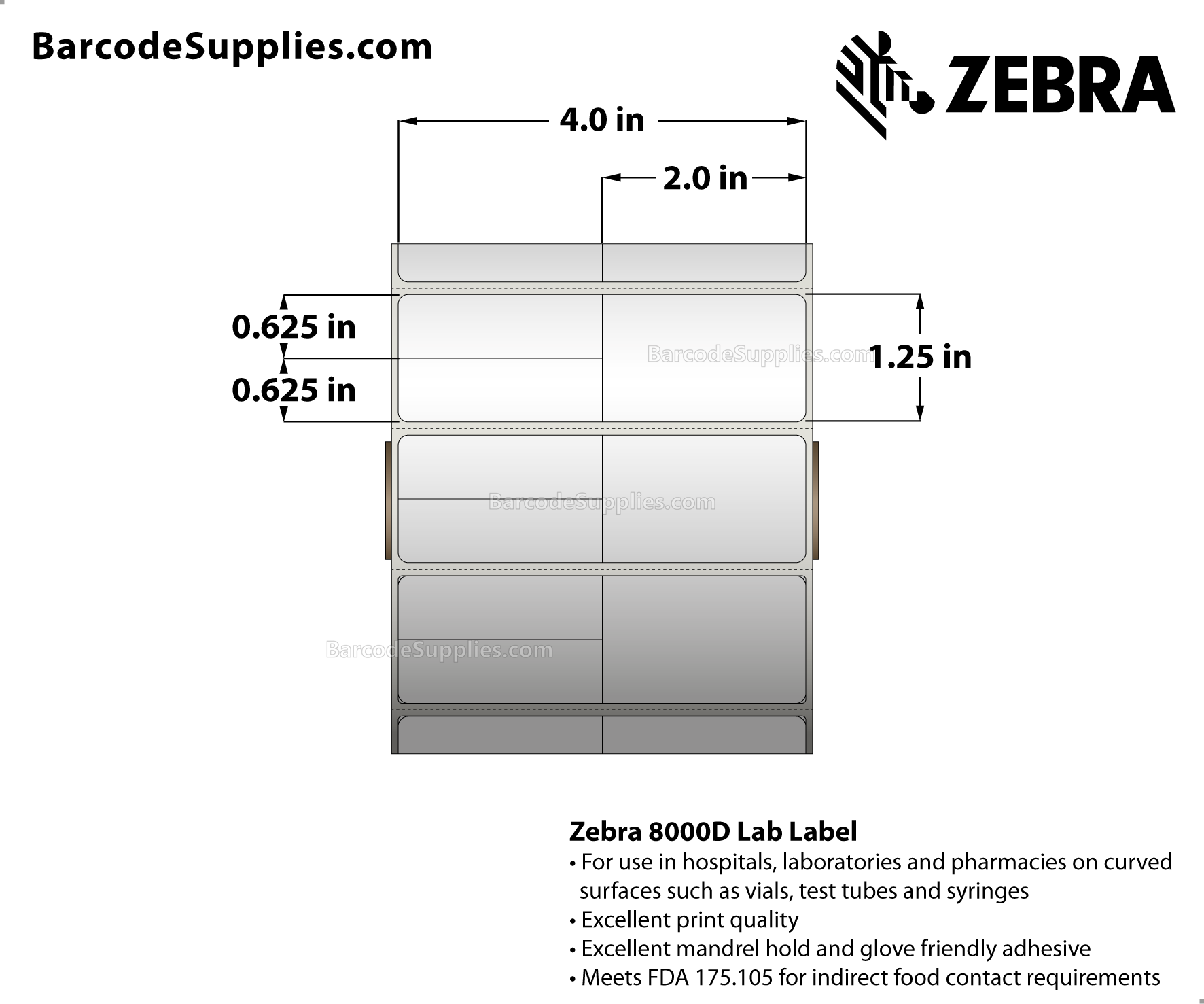 4 x 1.25 Direct Thermal White 8000D Lab Labels With Permanent Adhesive - Perforated - 1911 Labels Per Roll - Carton Of 6 Rolls - 11466 Labels Total - MPN: 10018357