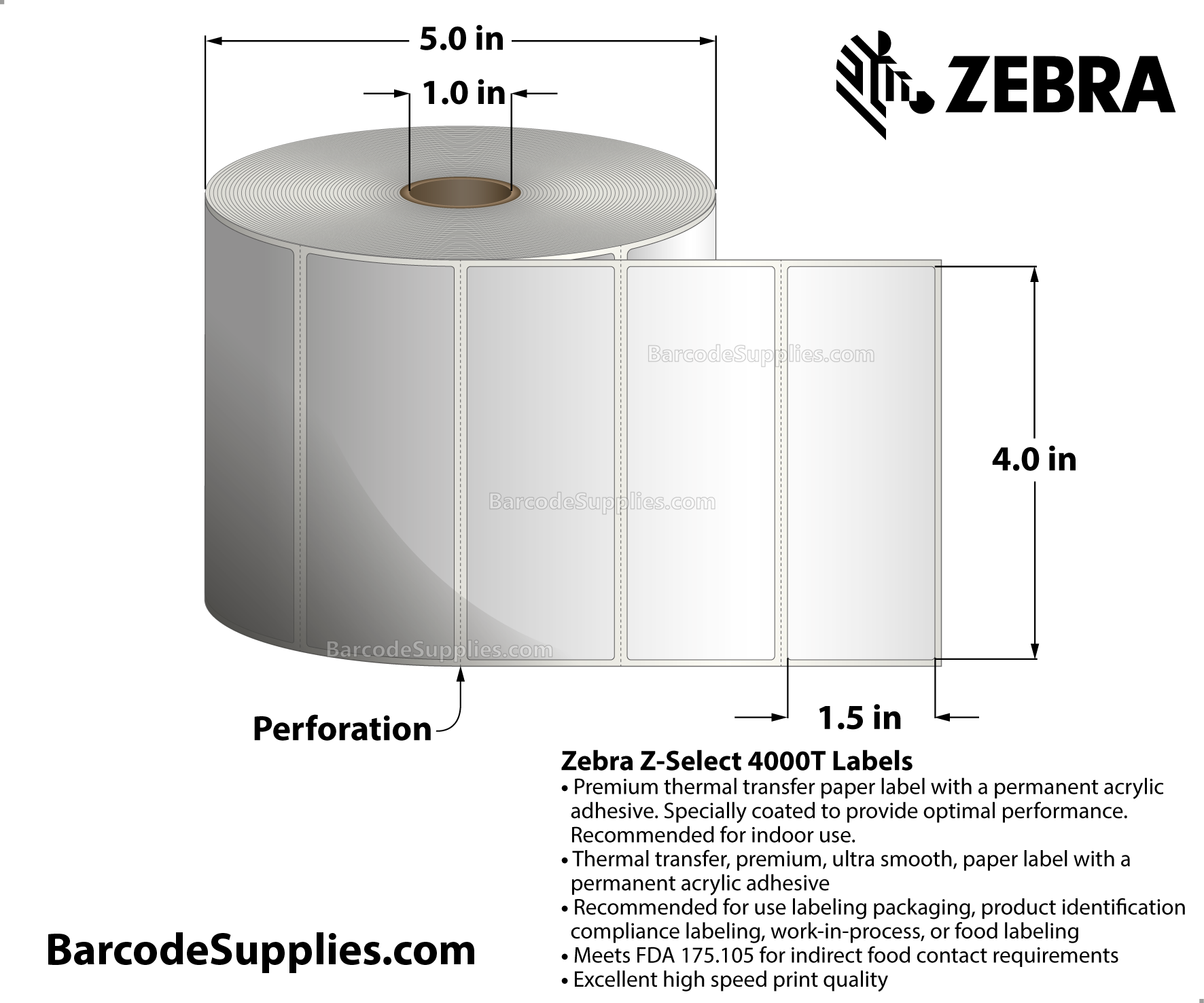 4 x 1.5 Thermal Transfer White Z-Select 4000T Labels With Permanent Adhesive - Perforated - 1790 Labels Per Roll - Carton Of 12 Rolls - 21480 Labels Total - MPN: 800274-155