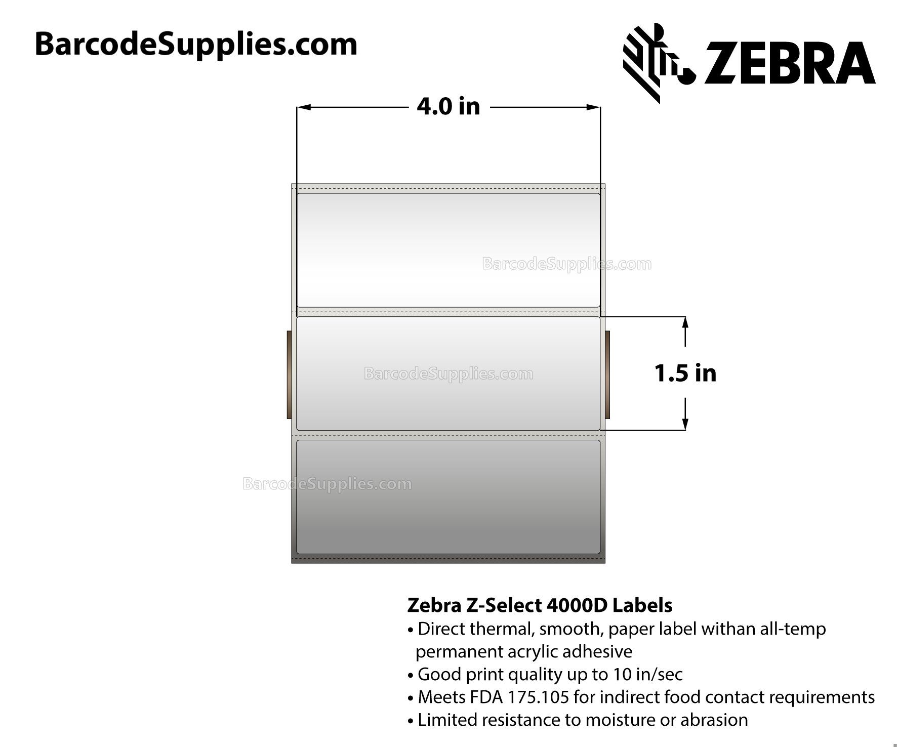 4 x 1.5 Direct Thermal White Z-Select 4000D Labels With All-Temp Adhesive - Perforated - 1620 Labels Per Roll - Carton Of 6 Rolls - 9720 Labels Total - MPN: 10010046