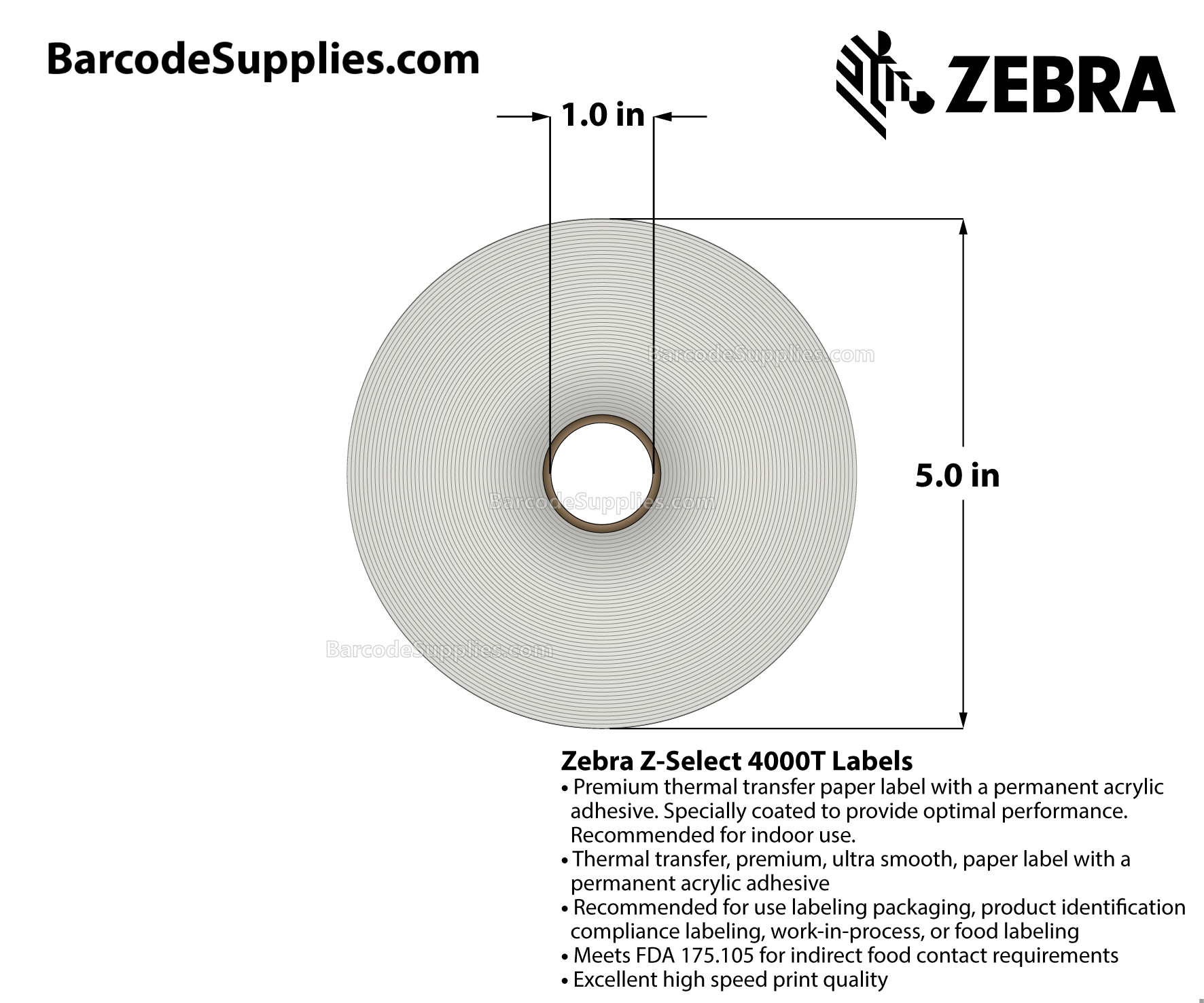 4 x 1.5 Thermal Transfer White Z-Select 4000T Labels With Permanent Adhesive - Perforated - 1790 Labels Per Roll - Carton Of 12 Rolls - 21480 Labels Total - MPN: 800274-155