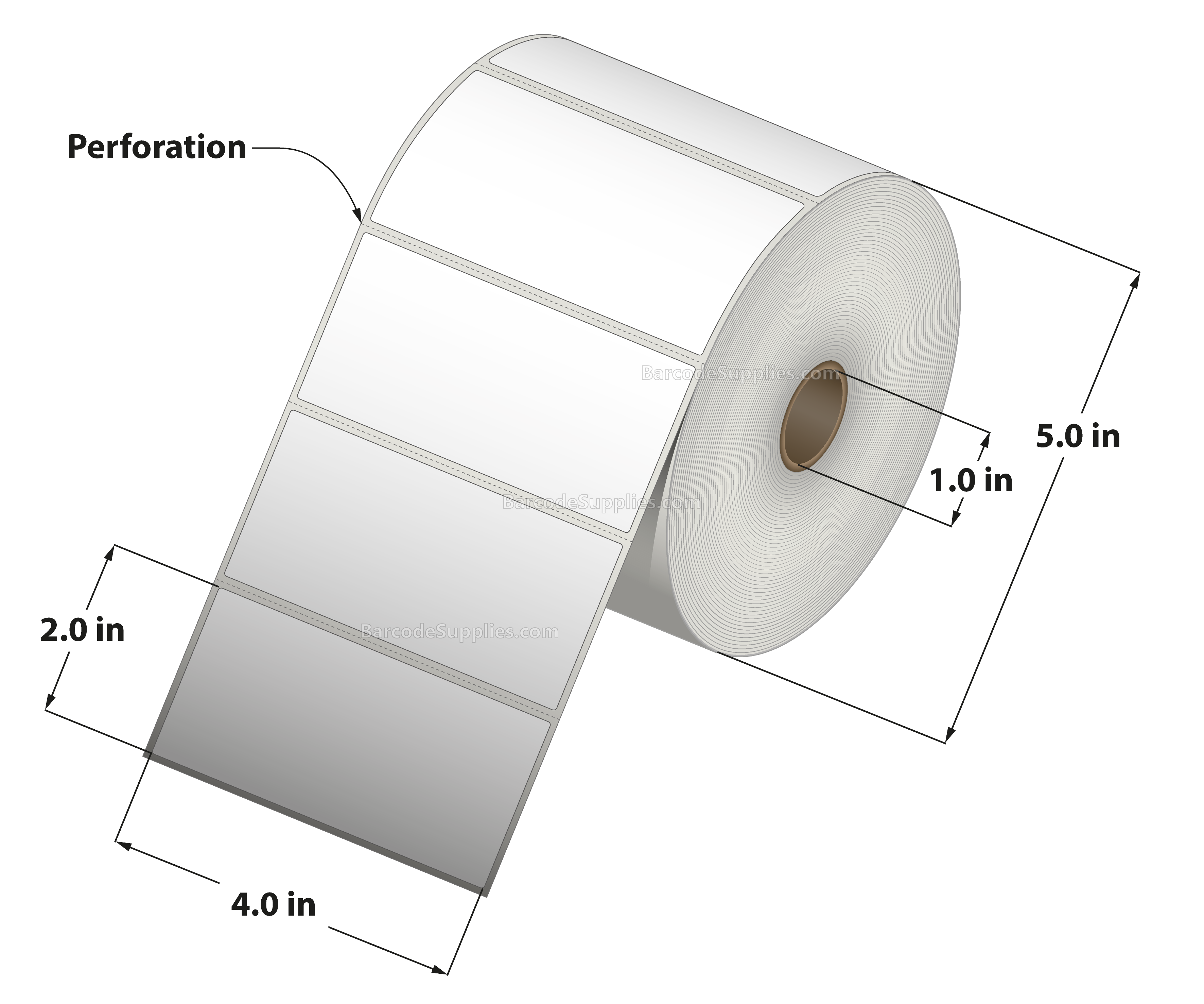 4 x 2 Thermal Transfer White Labels With Permanent Adhesive - Perforated - 1320 Labels Per Roll - Carton Of 12 Rolls - 15840 Labels Total - MPN: RT-4-2-1320-1 - BarcodeSource, Inc.