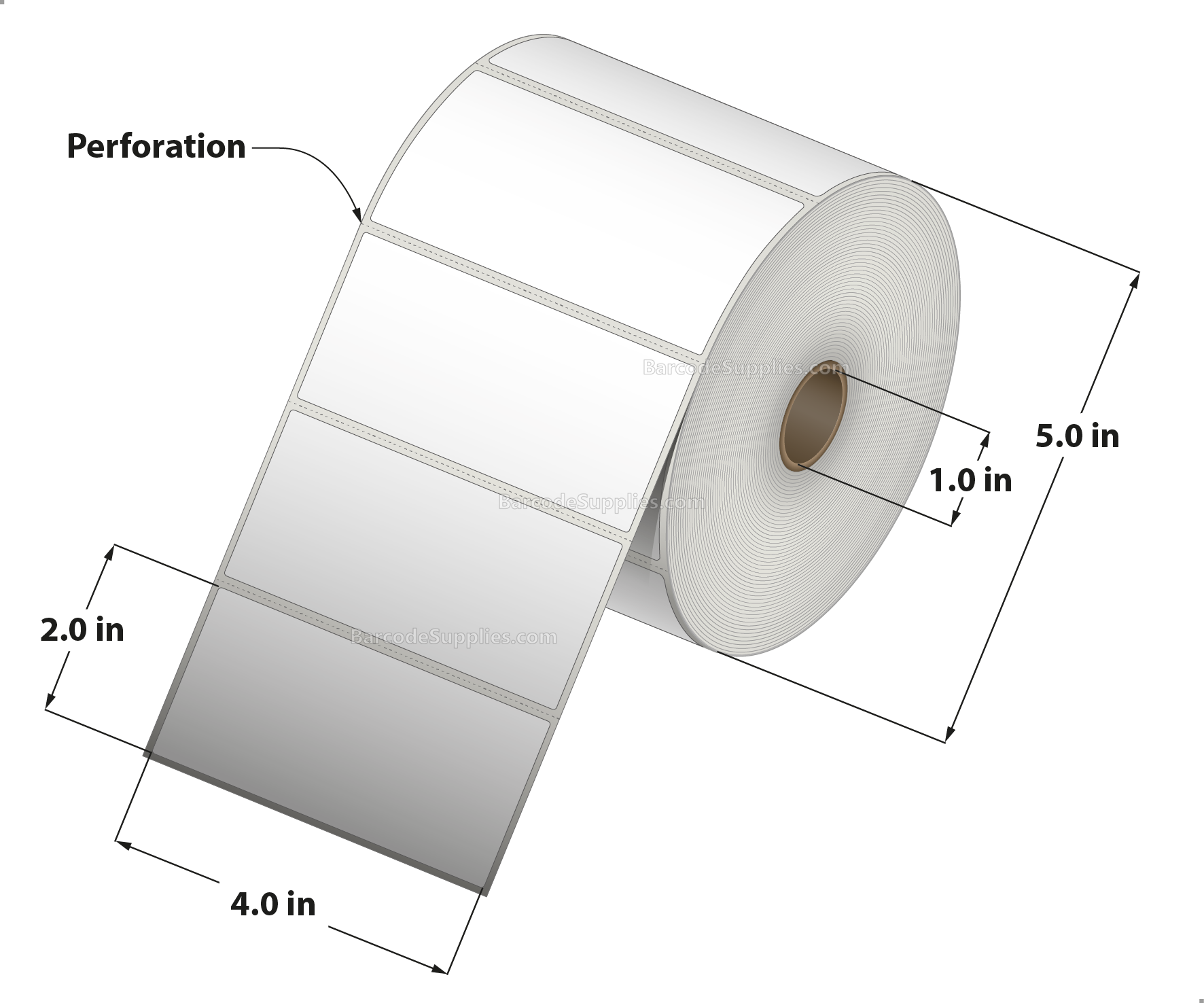 4 x 2 Thermal Transfer White Labels With Permanent Acrylic Adhesive - Perforated - 1250 Labels Per Roll - Carton Of 4 Rolls - 5000 Labels Total - MPN: TH42-15PTT