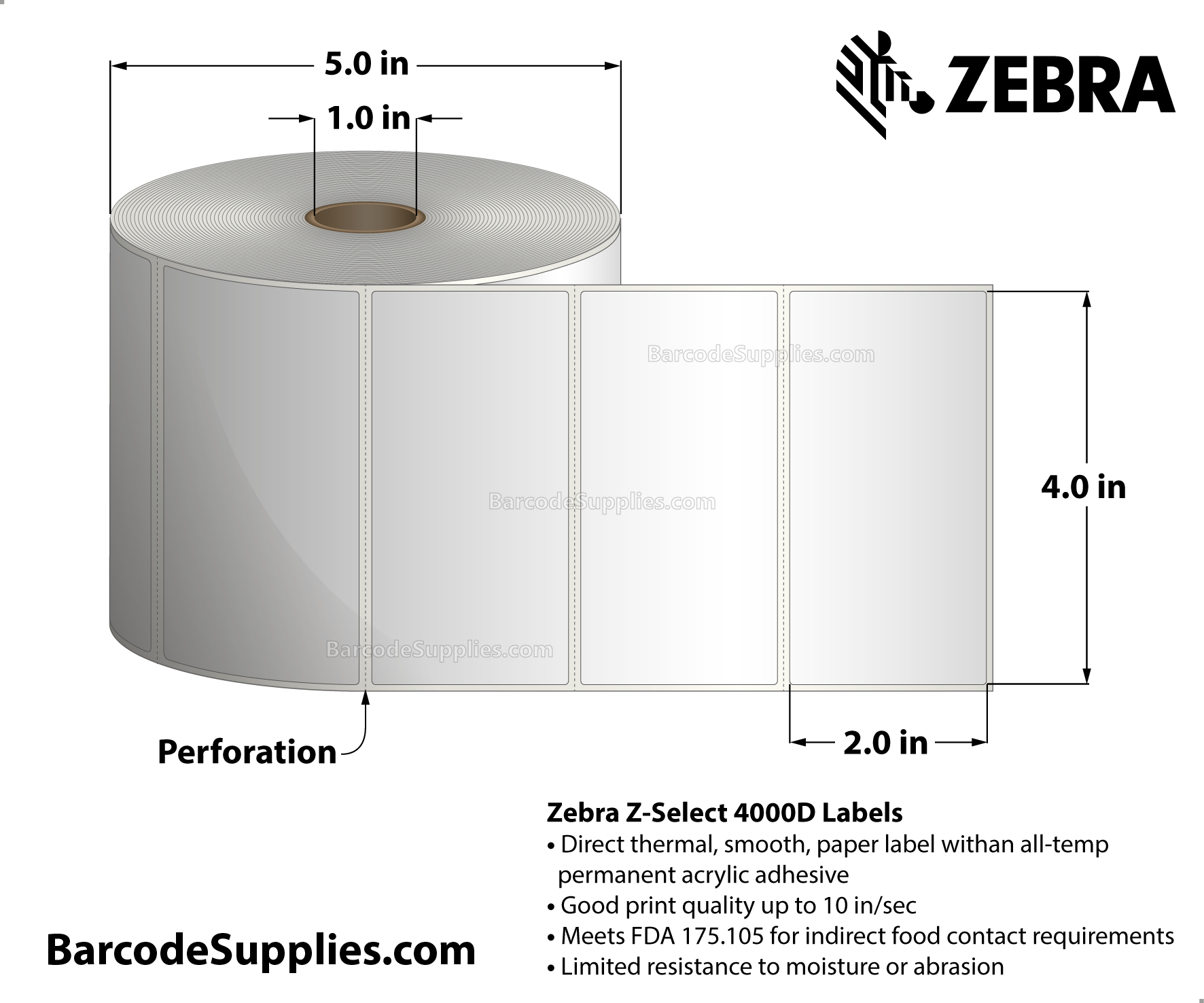 4 x 2 Direct Thermal White Z-Select 4000D Labels With All-Temp Adhesive - Perforated - 1240 Labels Per Roll - Carton Of 6 Rolls - 7440 Labels Total - MPN: 10010047