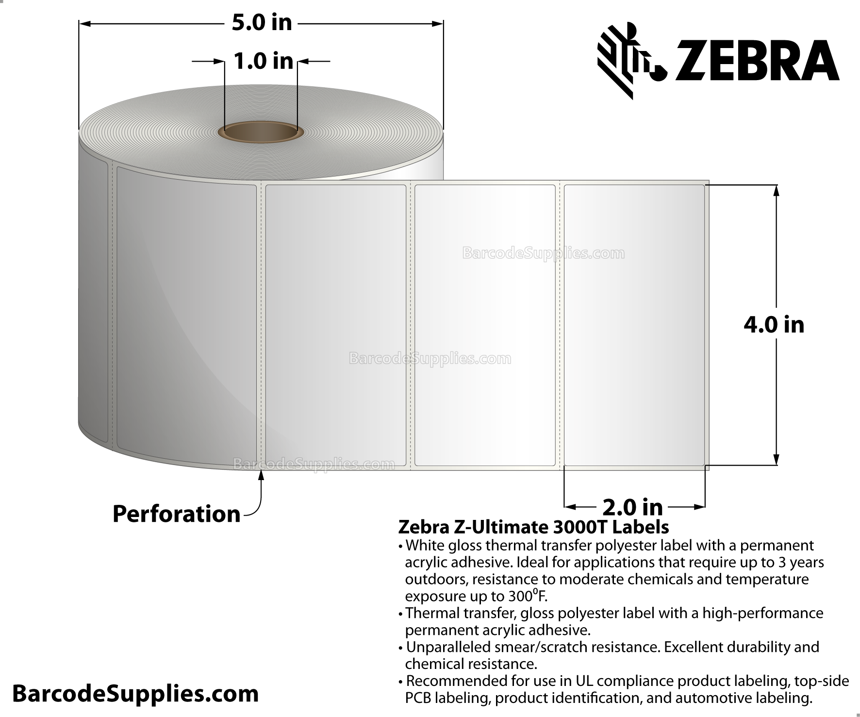 4 x 2 Thermal Transfer White Z-Ultimate 3000T Labels With Permanent Adhesive - Perforated - 1340 Labels Per Roll - Carton Of 4 Rolls - 5360 Labels Total - MPN: 18950