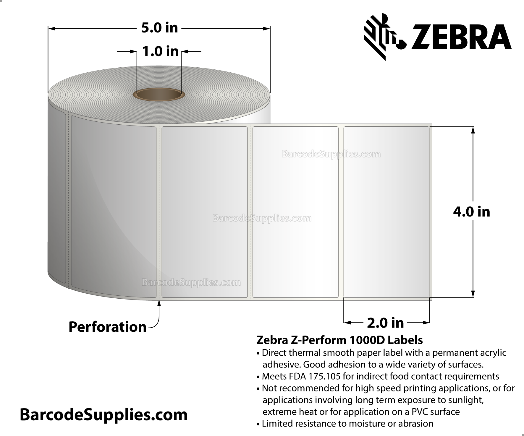 4 x 2 Direct Thermal White Z-Perform 1000D Labels With Permanent Adhesive - Perforated - 1240 Labels Per Roll - Carton Of 6 Rolls - 7440 Labels Total - MPN: 10026379