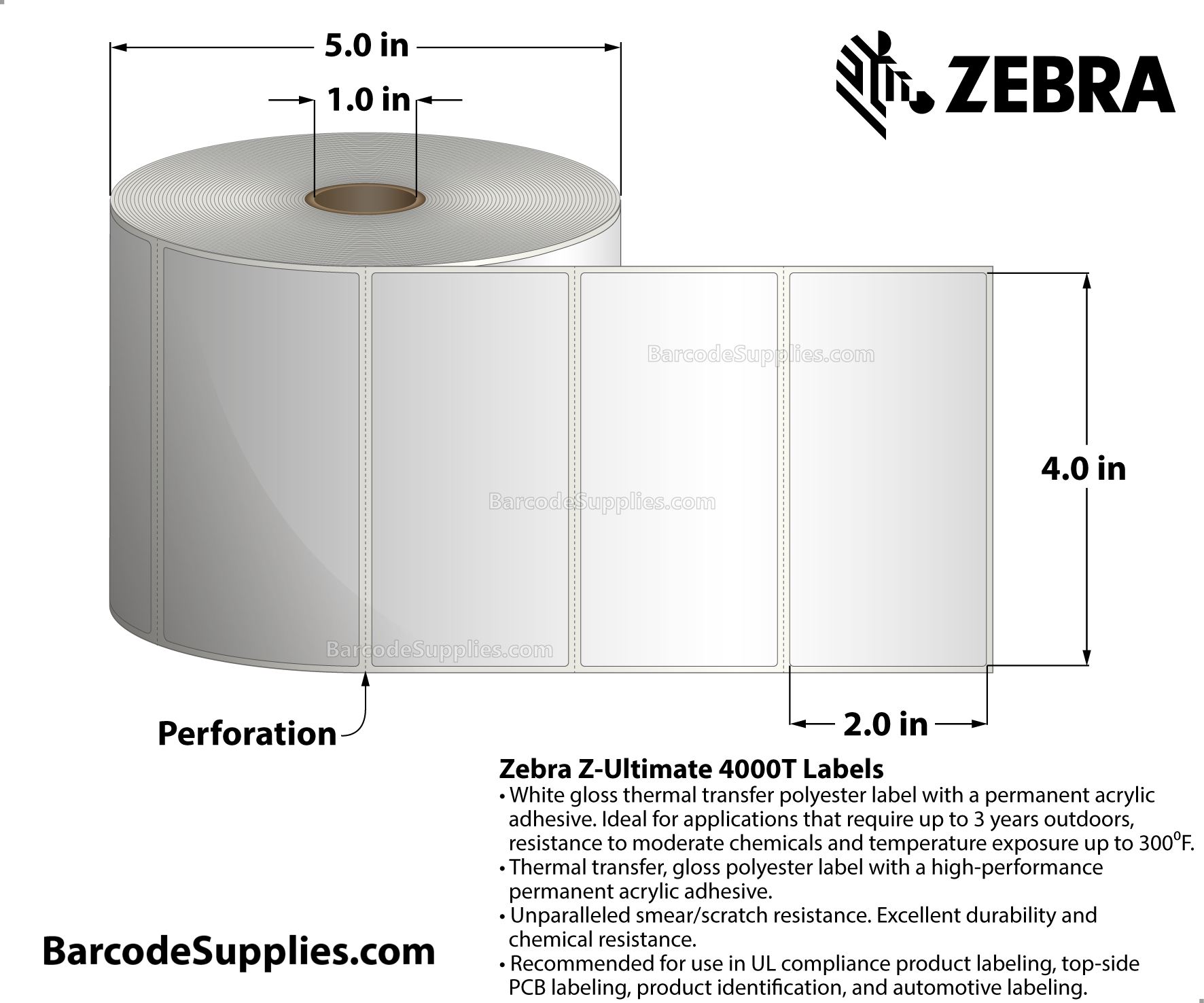 4 x 2 Thermal Transfer White Z-Ultimate 4000T Labels With Permanent Adhesive - Perforated - 1340 Labels Per Roll - Carton Of 4 Rolls - 5360 Labels Total - MPN: 10002631