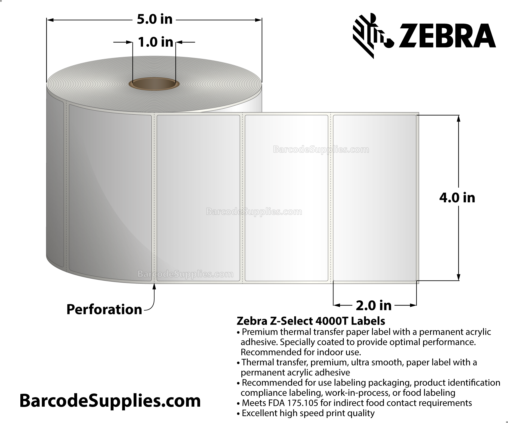4 x 2 Thermal Transfer White Z-Select 4000T Labels With Permanent Adhesive - Perforated - 1370 Labels Per Roll - Carton Of 6 Rolls - 8220 Labels Total - MPN: 10009530