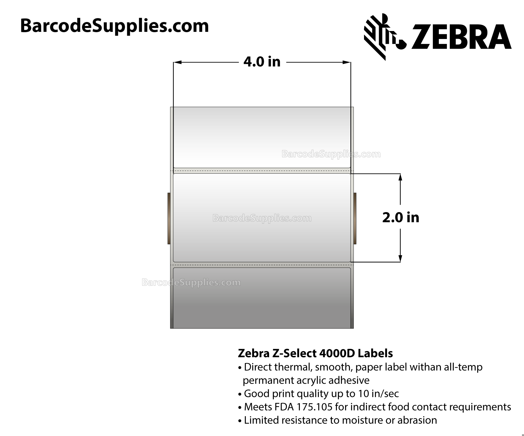 4 x 2 Direct Thermal White Z-Select 4000D Labels With All-Temp Adhesive - Perforated - 1240 Labels Per Roll - Carton Of 6 Rolls - 7440 Labels Total - MPN: 10010047