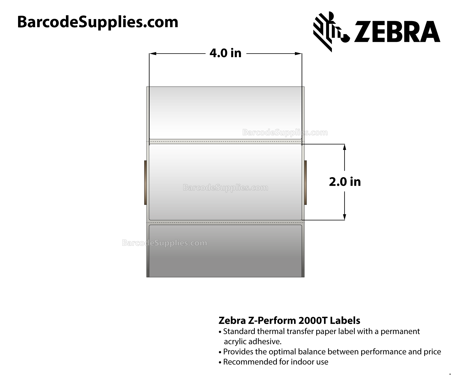 4 x 2 Thermal Transfer White Z-Perform 2000T Labels With Permanent Adhesive - Perforated - 1320 Labels Per Roll - Carton Of 6 Rolls - 7920 Labels Total - MPN: 10005851