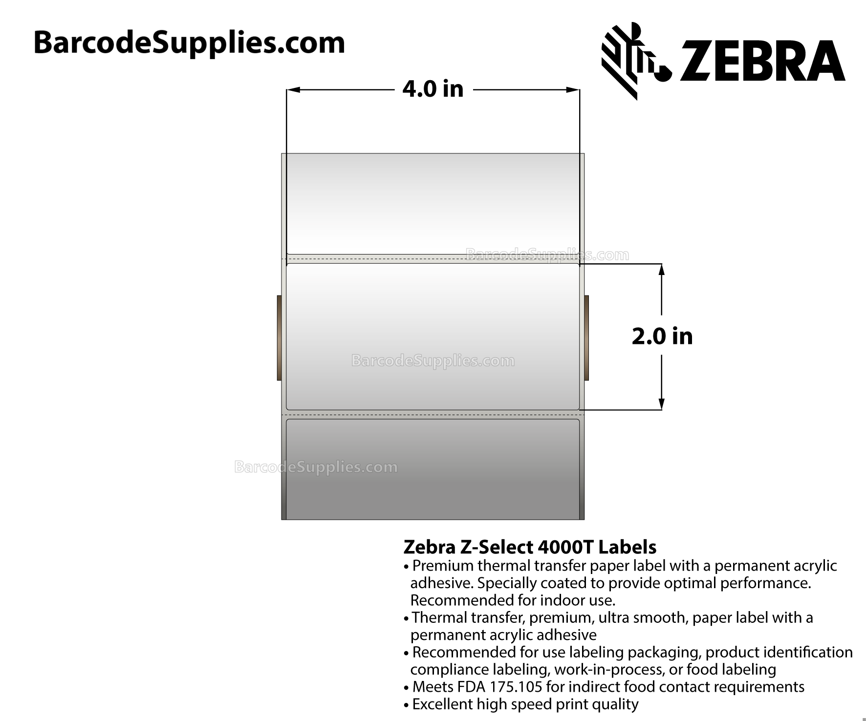 4 x 2 Thermal Transfer White Z-Select 4000T Labels With Permanent Adhesive - Perforated - 1370 Labels Per Roll - Carton Of 6 Rolls - 8220 Labels Total - MPN: 10009530