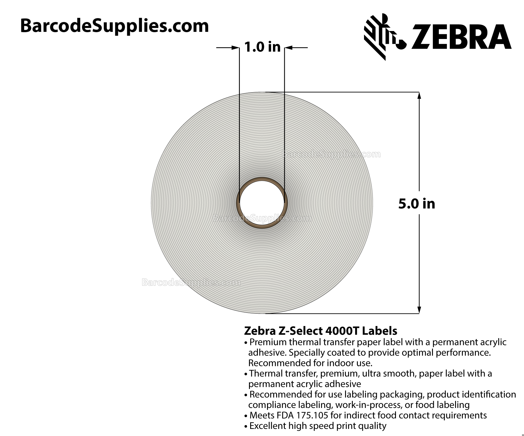 4 x 2 Thermal Transfer White Z-Select 4000T Labels With Permanent Adhesive - Perforated - 1370 Labels Per Roll - Carton Of 6 Rolls - 8220 Labels Total - MPN: 10009530