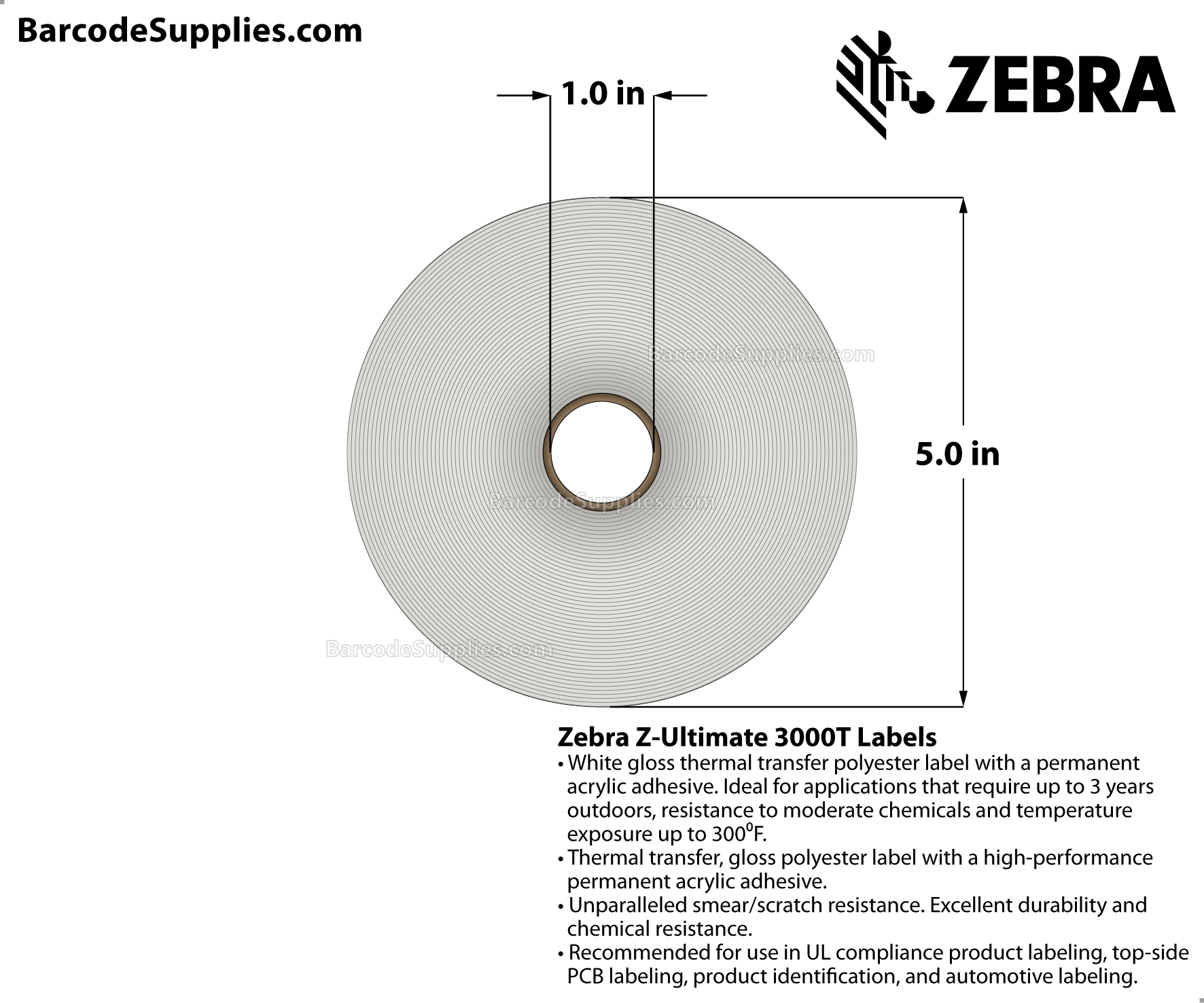 4 x 2 Thermal Transfer White Z-Ultimate 3000T Labels With Permanent Adhesive - Perforated - 1340 Labels Per Roll - Carton Of 4 Rolls - 5360 Labels Total - MPN: 18950