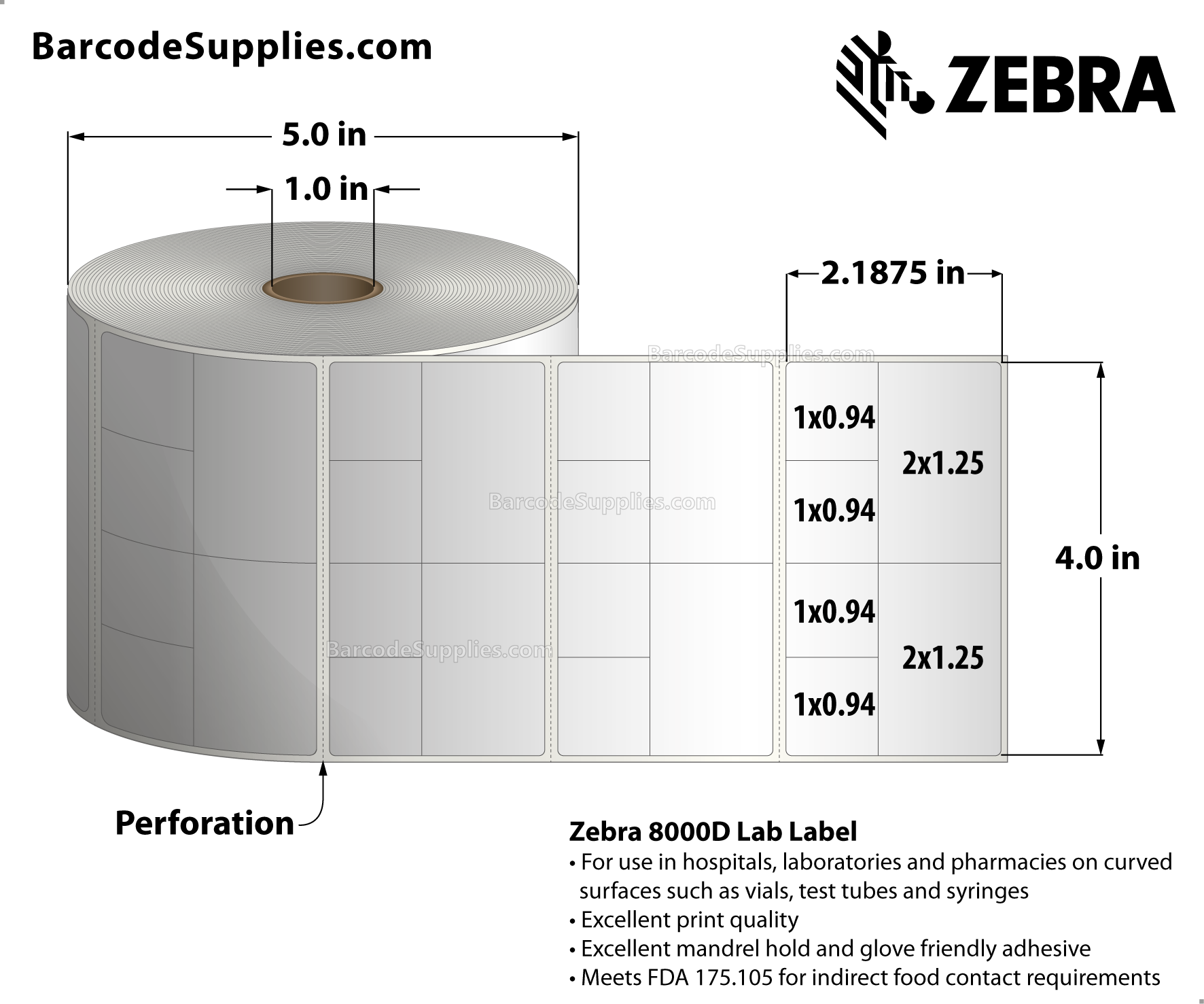 4 x 2.1875 Direct Thermal White 8000D Lab Labels With Permanent Adhesive - Slits through facestock create six labels: (4) 1x0.9375 labels and (2) 2x1.25 labels - Perforated - 1000 Labels Per Roll - Carton Of 2 Rolls - 2000 Labels Total - MPN: 10026376