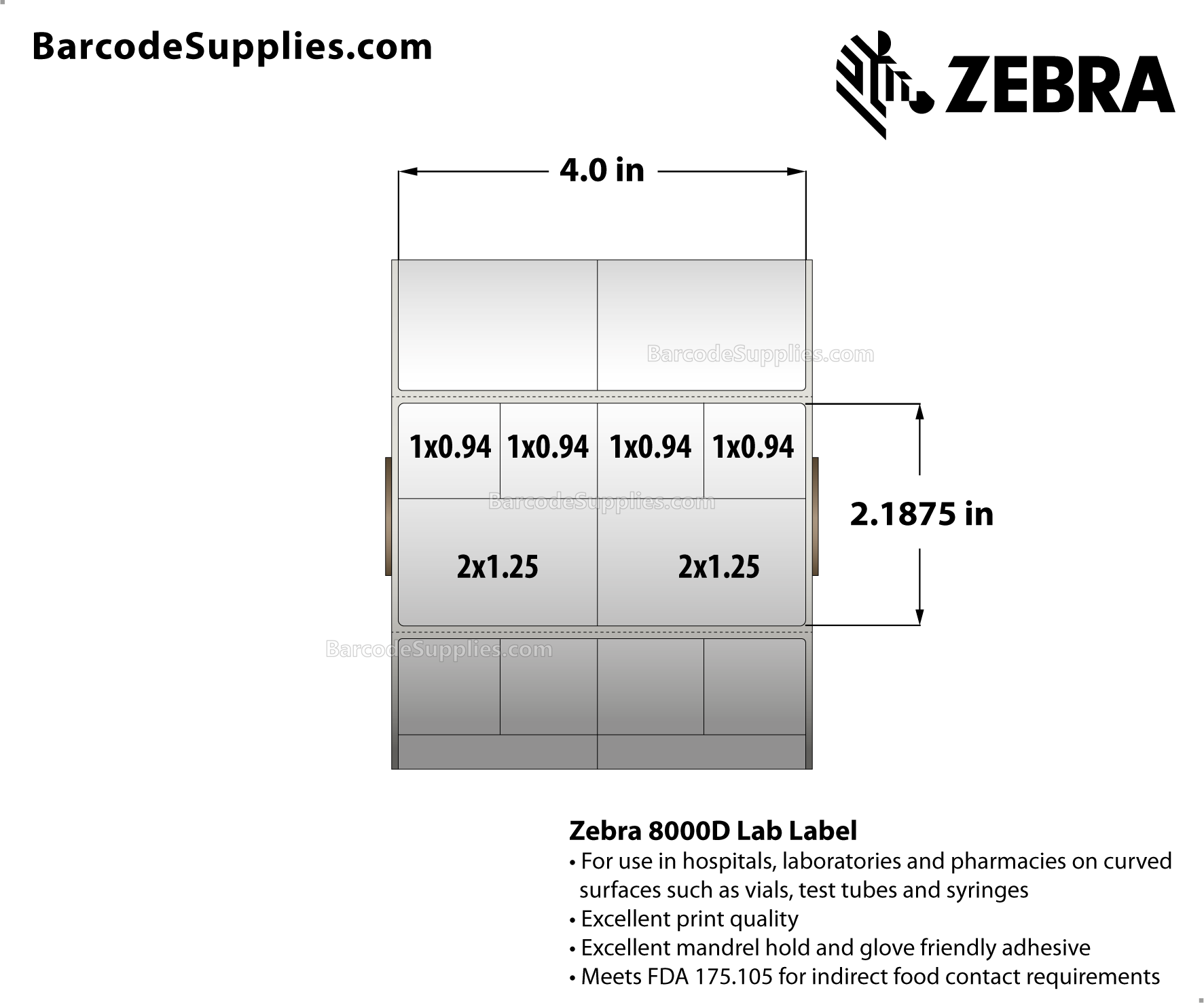 4 x 2.1875 Direct Thermal White 8000D Lab Labels With Permanent Adhesive - Slits through facestock create six labels: (4) 1x0.9375 labels and (2) 2x1.25 labels - Perforated - 1000 Labels Per Roll - Carton Of 2 Rolls - 2000 Labels Total - MPN: 10026376