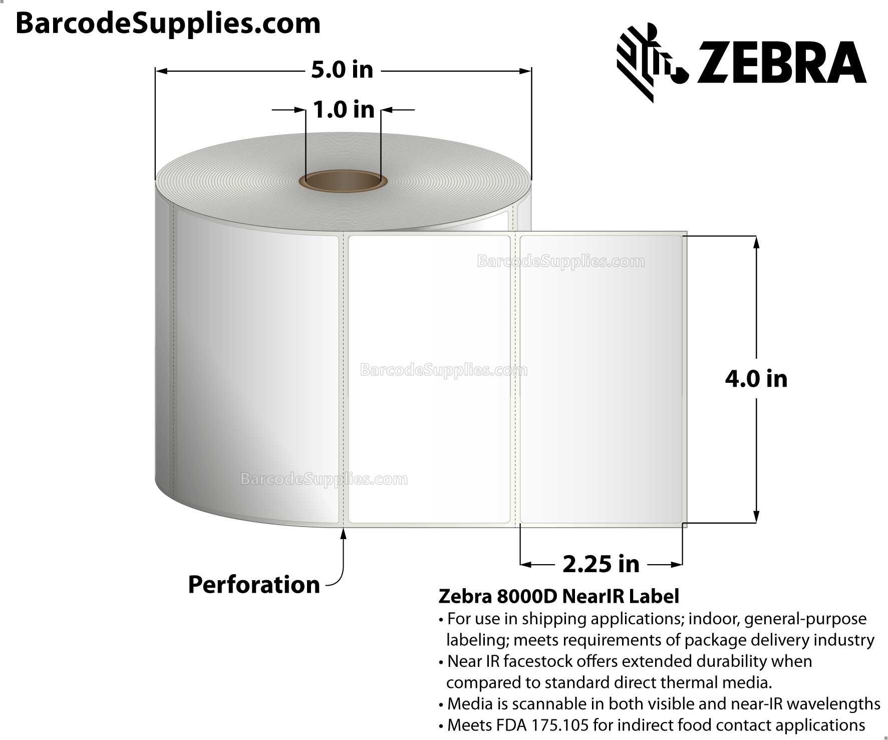 4 x 2.25 Direct Thermal White 8000D Near-IR (Parcel Shipping Label) Labels With Permanent Adhesive - Perforated - 1060 Labels Per Roll - Carton Of 4 Rolls - 4240 Labels Total - MPN: 10010059