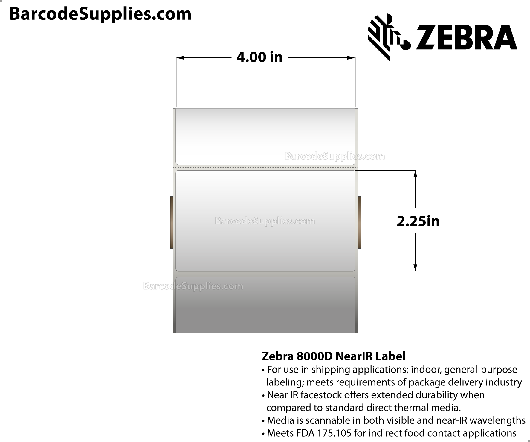 4 x 2.25 Direct Thermal White 8000D Near-IR (Parcel Shipping Label) Labels With Permanent Adhesive - Perforated - 1060 Labels Per Roll - Carton Of 4 Rolls - 4240 Labels Total - MPN: 10010059
