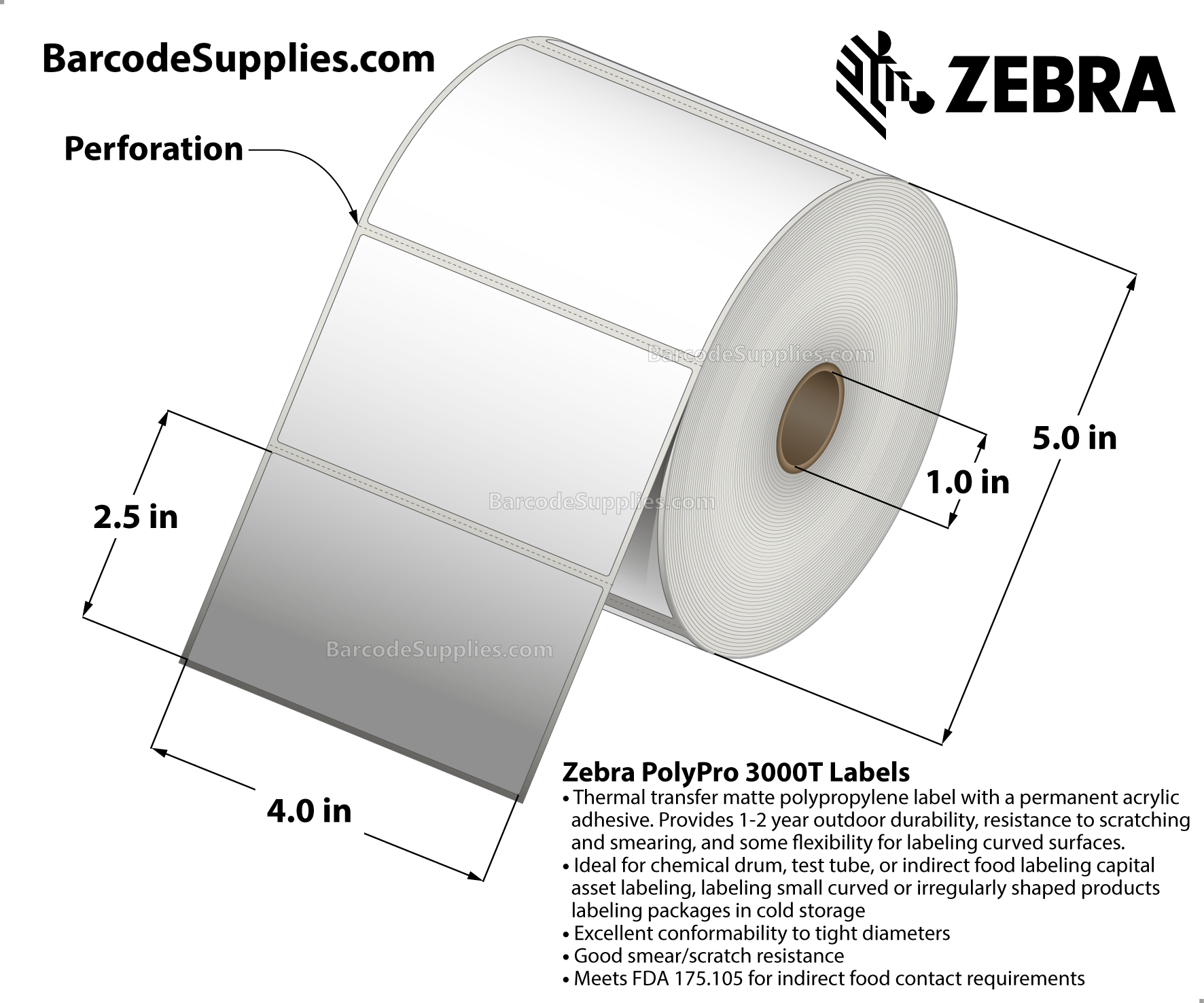 4 x 2.5 Thermal Transfer White PolyPro 3000T Labels With Permanent Adhesive - Perforated - 900 Labels Per Roll - Carton Of 4 Rolls - 3600 Labels Total - MPN: 18929