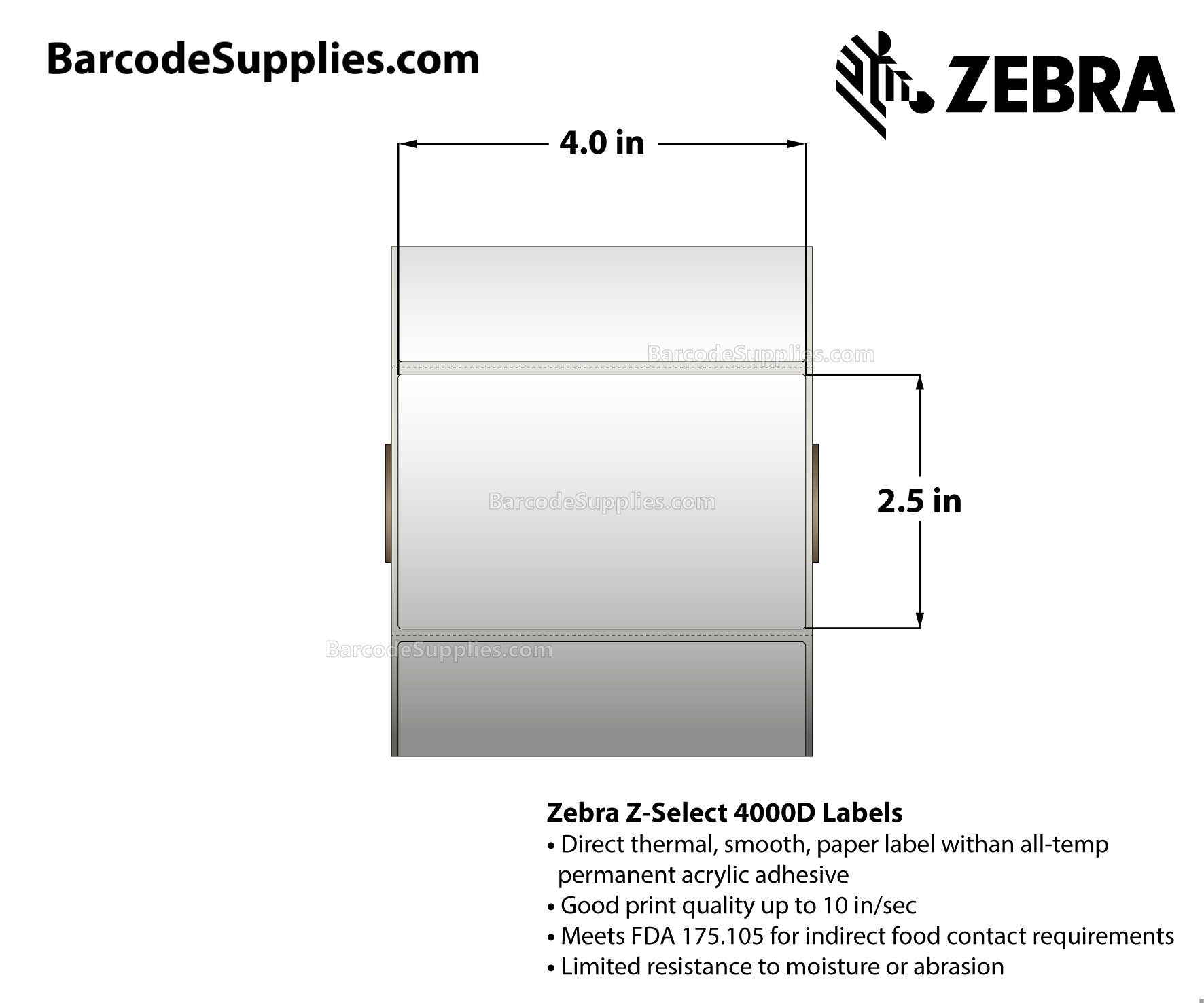4 x 2.5 Direct Thermal White Z-Select 4000D Labels With All-Temp Adhesive - Perforated - 1000 Labels Per Roll - Carton Of 6 Rolls - 6000 Labels Total - MPN: 10010048