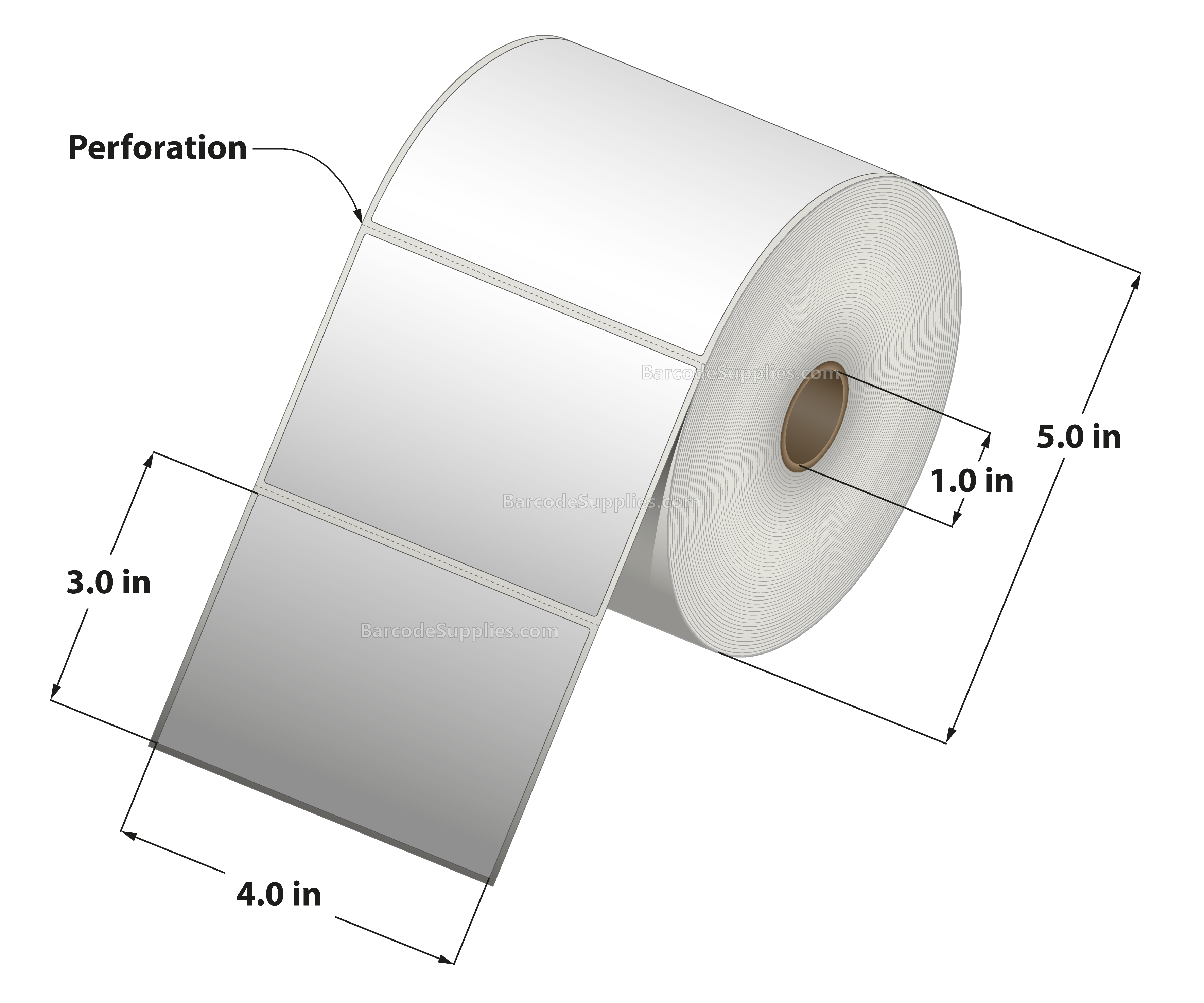 4 x 3 Thermal Transfer White Labels With Permanent Adhesive - Perforated - 890 Labels Per Roll - Carton Of 12 Rolls - 10680 Labels Total - MPN: RT-4-3-890-1 - BarcodeSource, Inc.