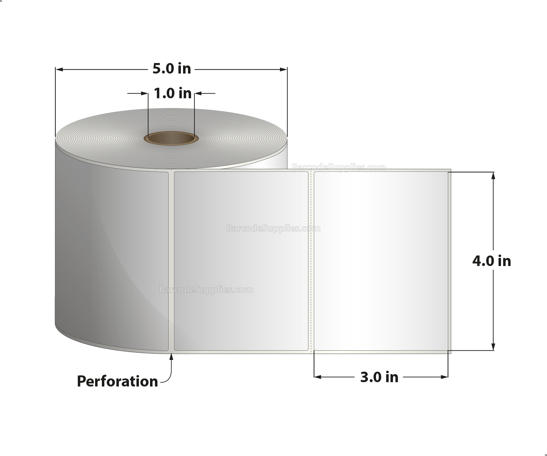 4 x 3 Thermal Transfer White Labels With Permanent Acrylic Adhesive - Perforated - 850 Labels Per Roll - Carton Of 4 Rolls - 3400 Labels Total - MPN: TH43-15PTT
