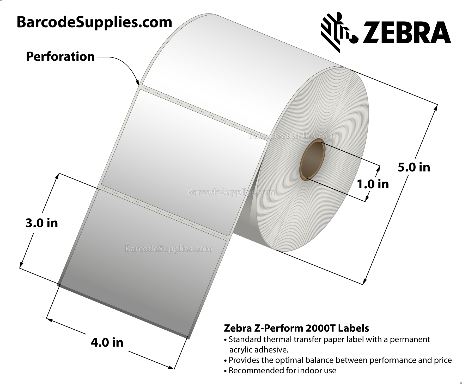 4 x 3 Thermal Transfer White Z-Perform 2000T Labels With Permanent Adhesive - Perforated - 890 Labels Per Roll - Carton Of 6 Rolls - 5340 Labels Total - MPN: 10005852