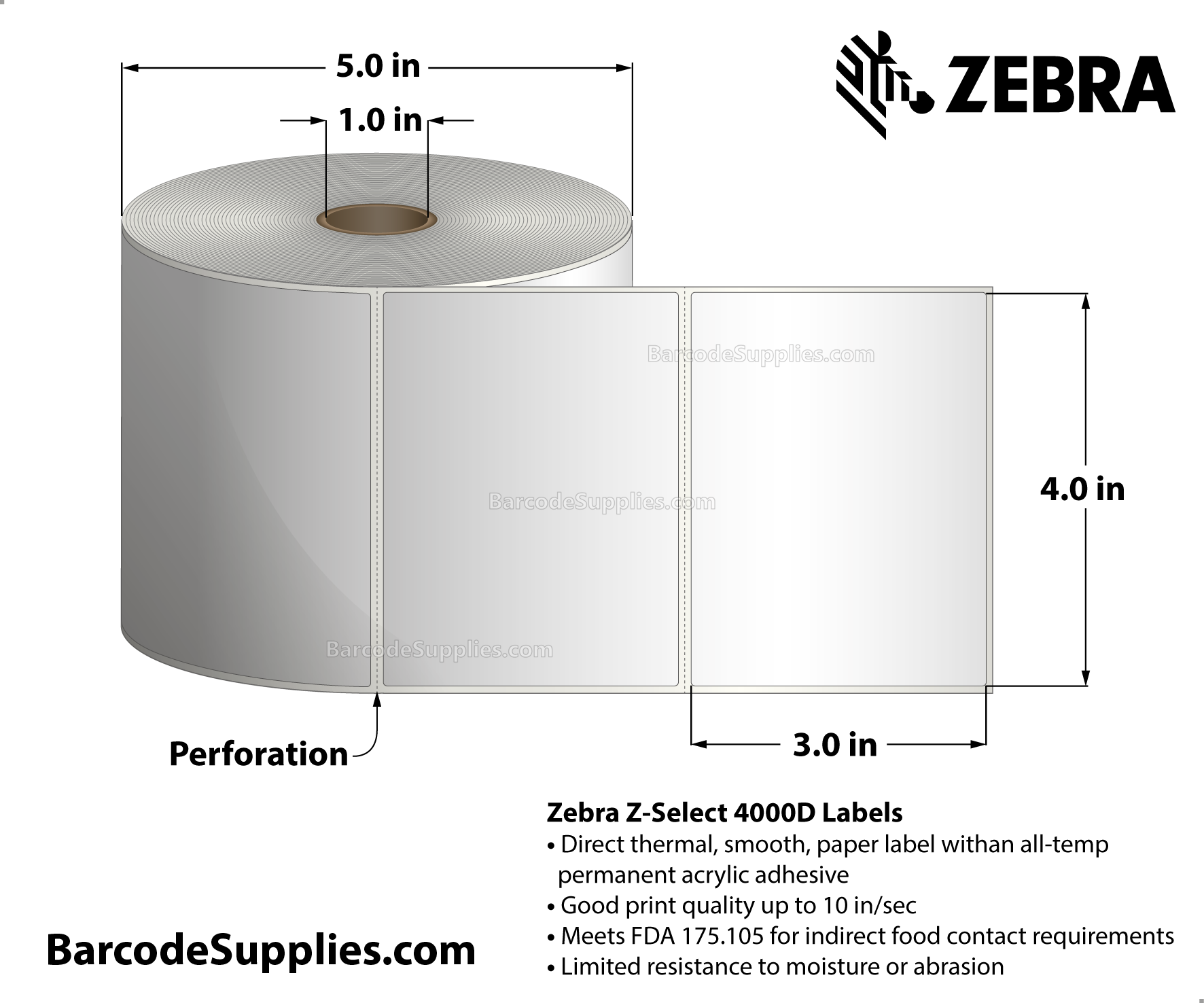 4 x 3 Direct Thermal White Z-Select 4000D Labels With All-Temp Adhesive - Perforated - 930 Labels Per Roll - Carton Of 12 Rolls - 11160 Labels Total - MPN: 10015344