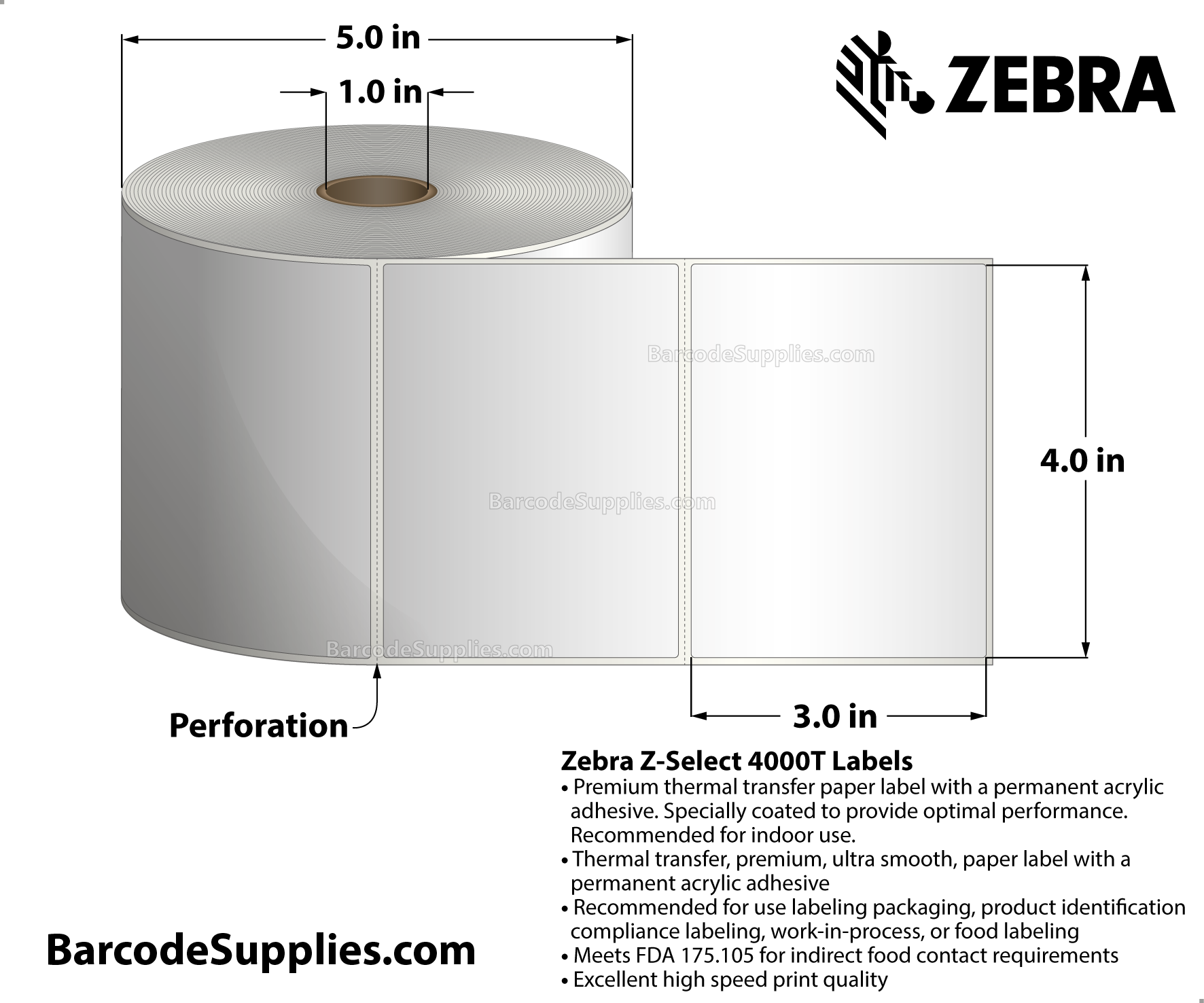 4 x 3 Thermal Transfer White Z-Select 4000T Labels With Permanent Adhesive - Perforated - 930 Labels Per Roll - Carton Of 12 Rolls - 11160 Labels Total - MPN: 800274-305