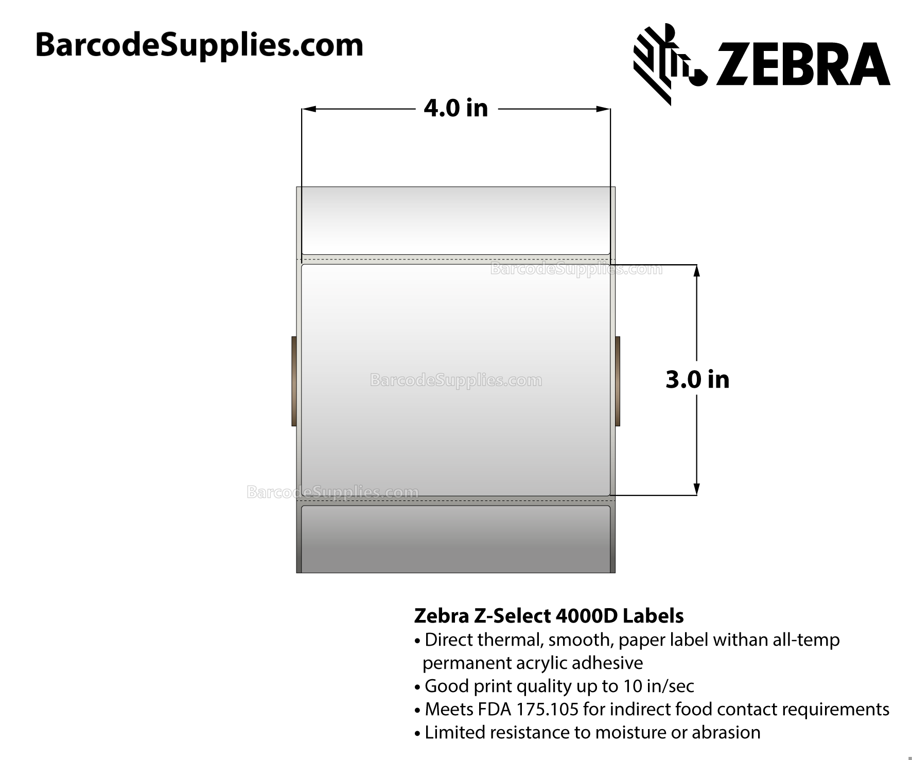 4 x 3 Direct Thermal White Z-Select 4000D Labels With All-Temp Adhesive - Perforated - 930 Labels Per Roll - Carton Of 12 Rolls - 11160 Labels Total - MPN: 10015344