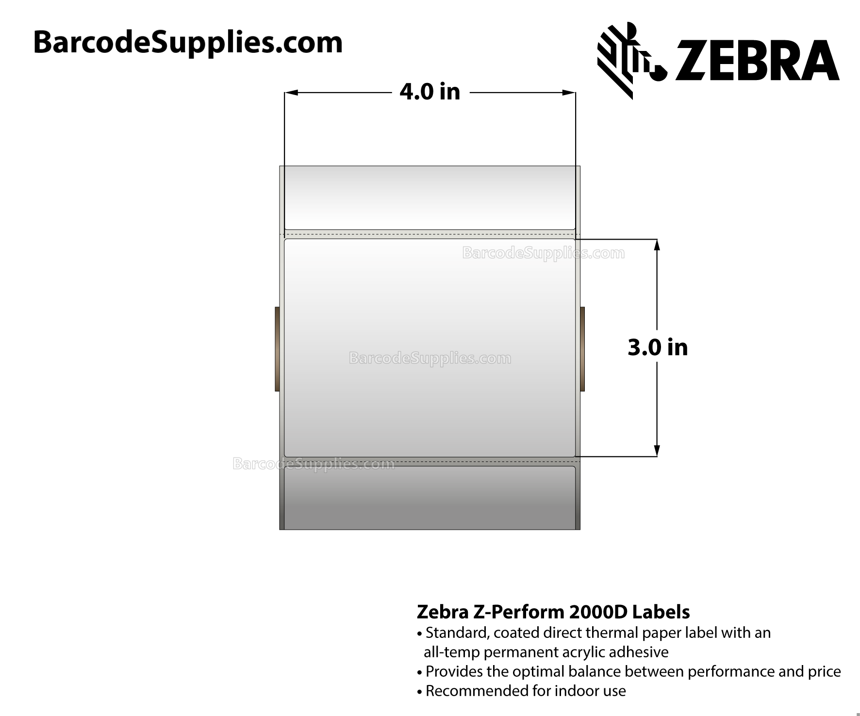 4 x 3 Direct Thermal White Z-Perform 2000D Labels With All-Temp Adhesive - Perforated - 840 Labels Per Roll - Carton Of 6 Rolls - 5040 Labels Total - MPN: 10010032