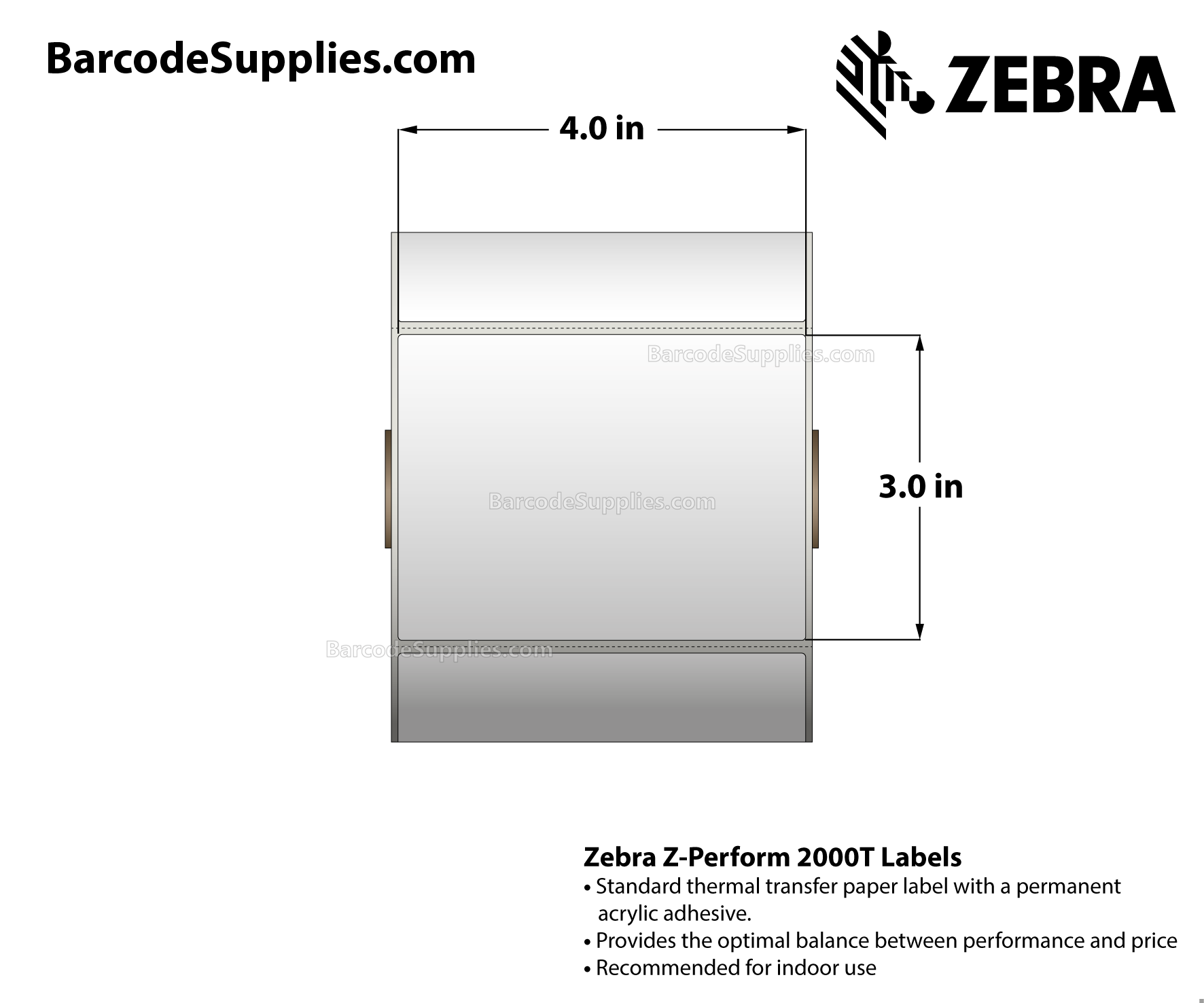 4 x 3 Thermal Transfer White Z-Perform 2000T Labels With Permanent Adhesive - Perforated - 890 Labels Per Roll - Carton Of 6 Rolls - 5340 Labels Total - MPN: 10005852
