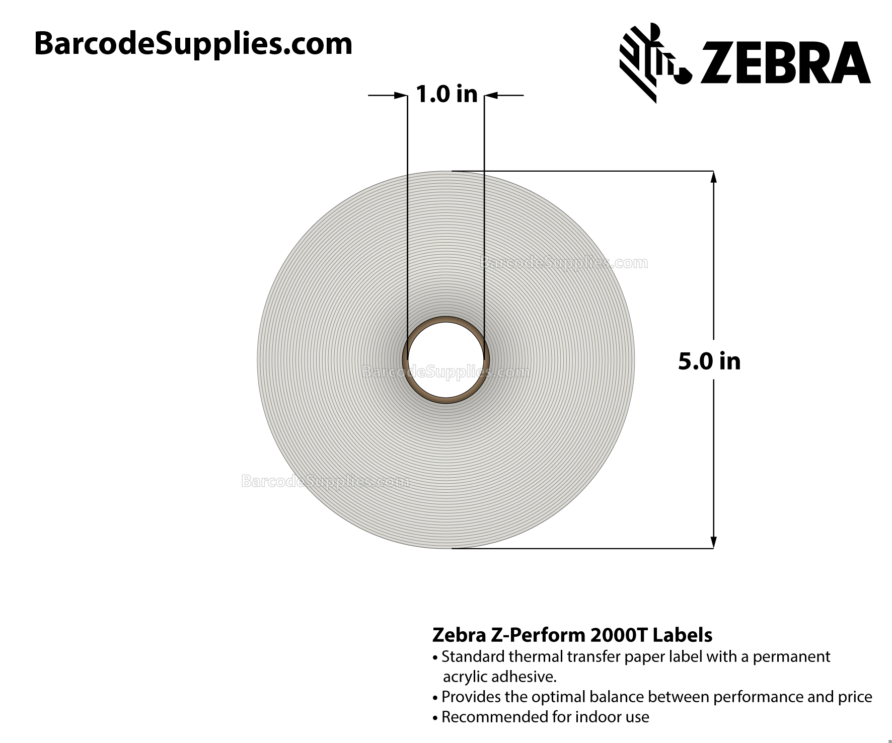4 x 3 Thermal Transfer White Z-Perform 2000T Labels With Permanent Adhesive - Perforated - 890 Labels Per Roll - Carton Of 6 Rolls - 5340 Labels Total - MPN: 10005852