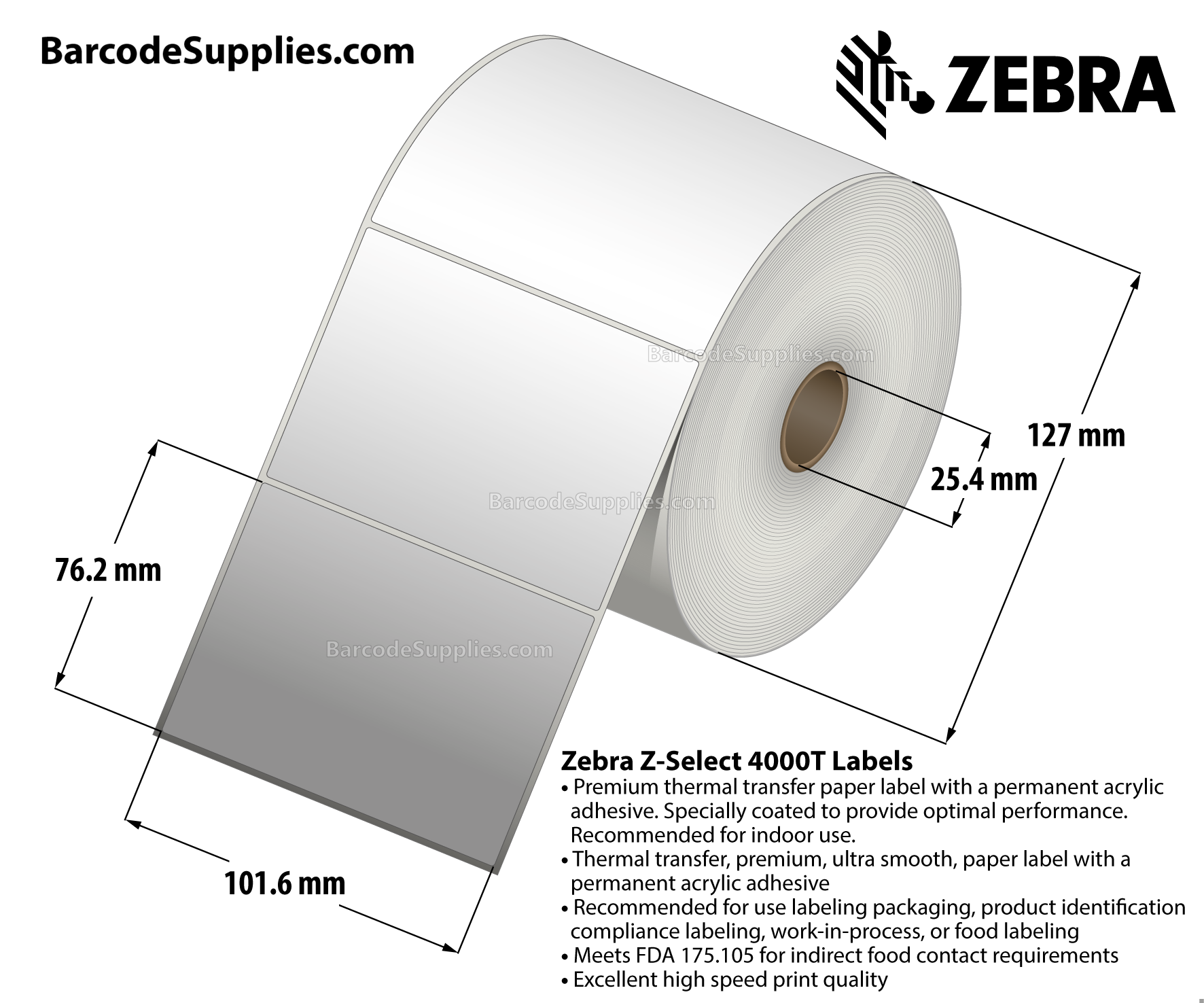 4 x 3 Thermal Transfer White Z-Select 4000T Labels With Permanent Adhesive - Not Perforated - 810 Labels Per Roll - Carton Of 4 Rolls - 3240 Labels Total - MPN: 83262