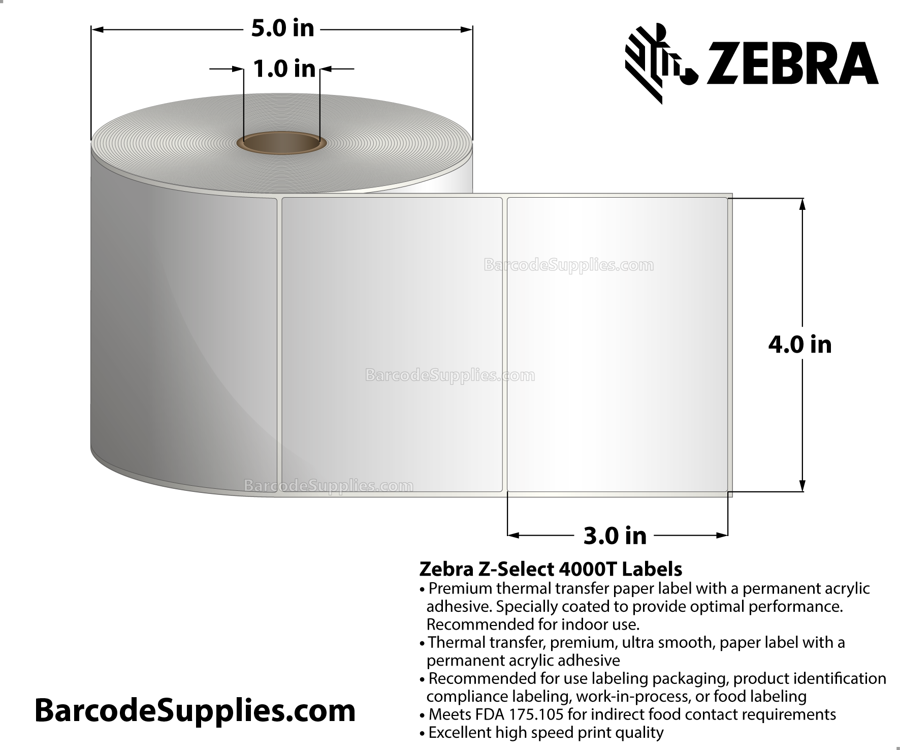 4 x 3 Thermal Transfer White Z-Select 4000T Labels With Permanent Adhesive - Not Perforated - 810 Labels Per Roll - Carton Of 4 Rolls - 3240 Labels Total - MPN: 83262
