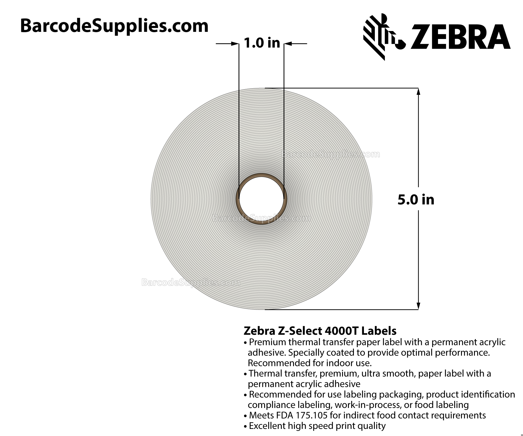 4 x 3 Thermal Transfer White Z-Select 4000T Labels With Permanent Adhesive - Not Perforated - 810 Labels Per Roll - Carton Of 4 Rolls - 3240 Labels Total - MPN: 83262