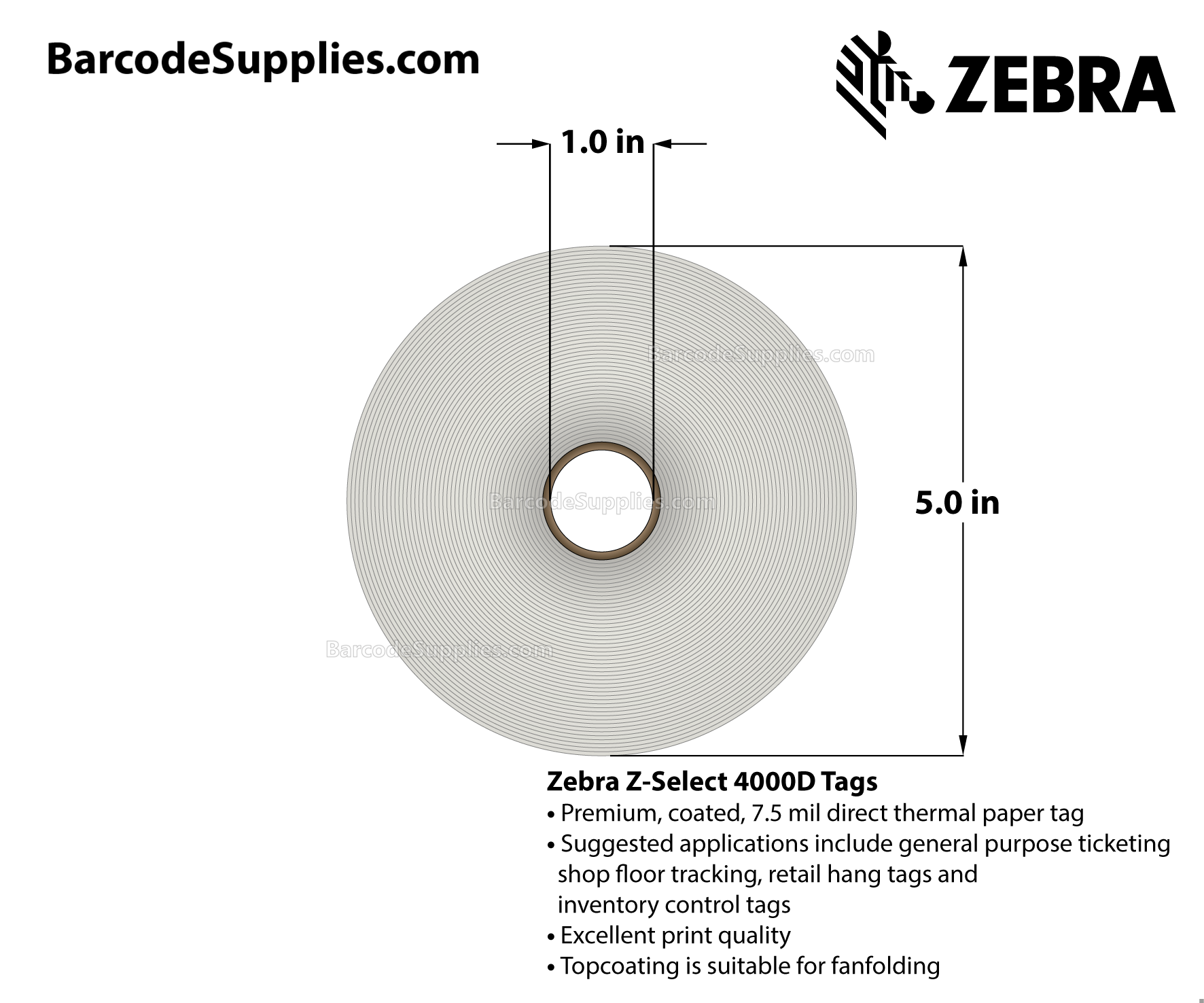 4 x 3 Direct Thermal White Z-Select 4000D 7 mil Tag Tags With No Adhesive - Contains sensing notch - Perforated - 730 Tags Per Roll - Carton Of 4 Rolls - 2920 Tags Total - MPN: 10010056