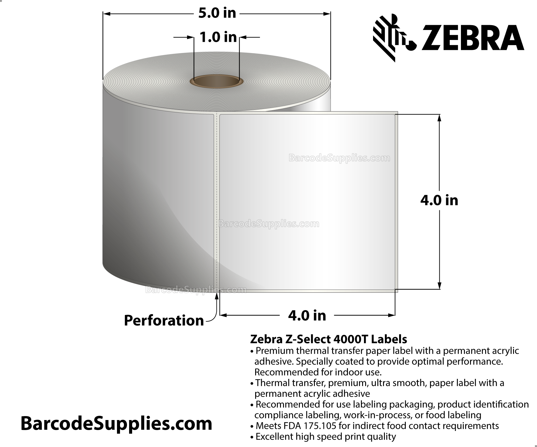 4 x 4 Thermal Transfer White Z-Select 4000T Labels With Permanent Adhesive - Perforated - 700 Labels Per Roll - Carton Of 12 Rolls - 8400 Labels Total - MPN: 800274-405