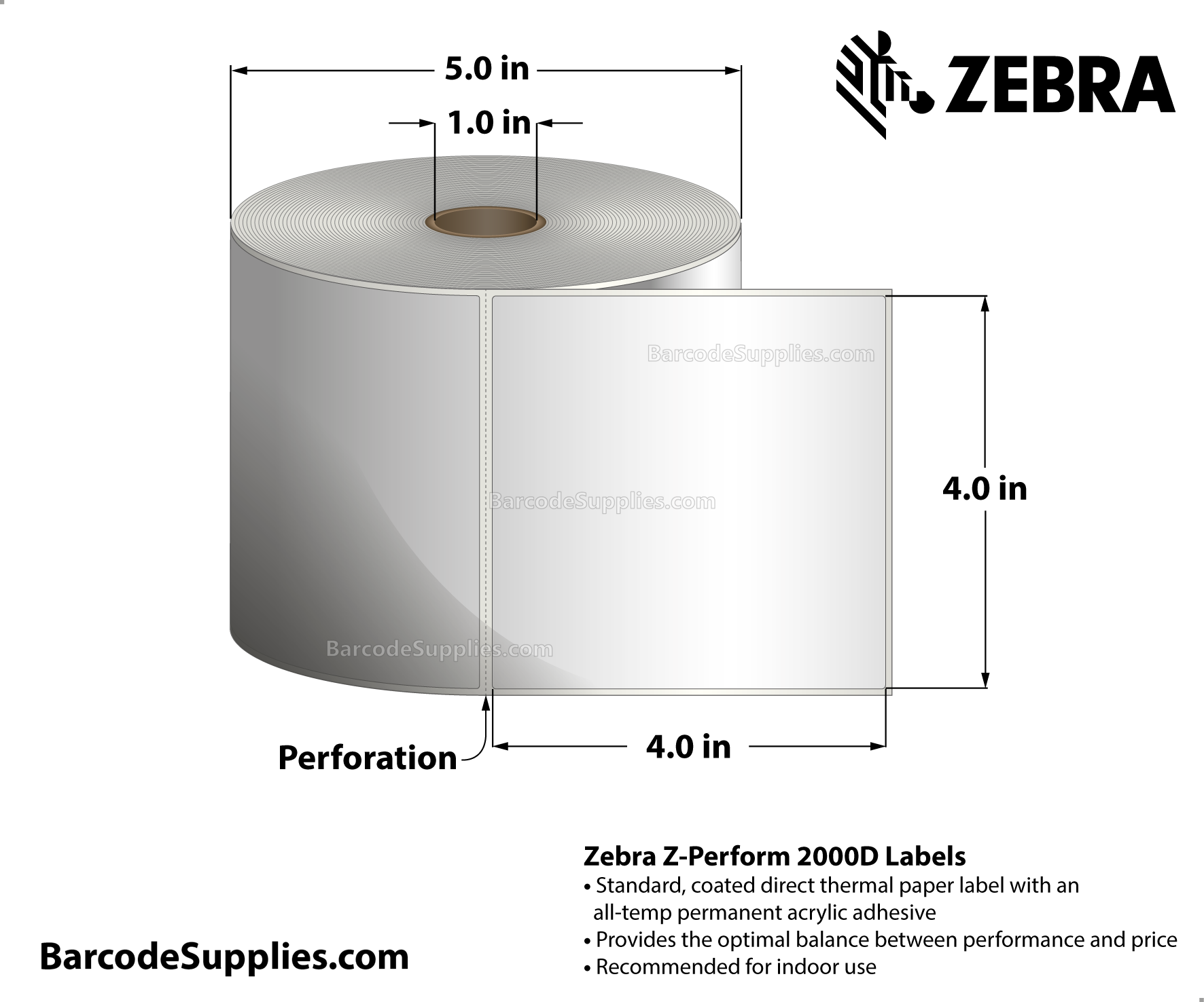 4 x 4 Direct Thermal White Z-Perform 2000D Labels With All-Temp Adhesive - Perforated - 640 Labels Per Roll - Carton Of 6 Rolls - 3840 Labels Total - MPN: 10010033
