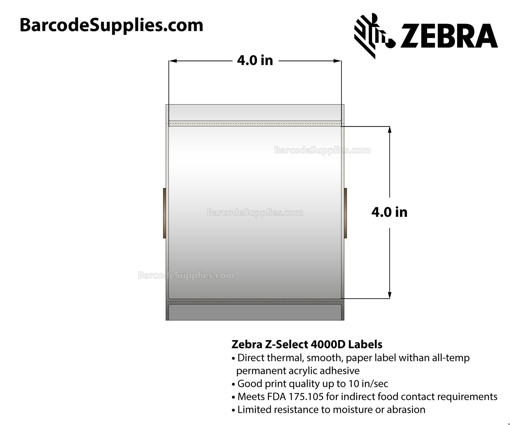 4 x 4 Direct Thermal White Z-Select 4000D Labels With All-Temp Adhesive - Perforated - 700 Labels Per Roll - Carton Of 12 Rolls - 8400 Labels Total - MPN: 10015345