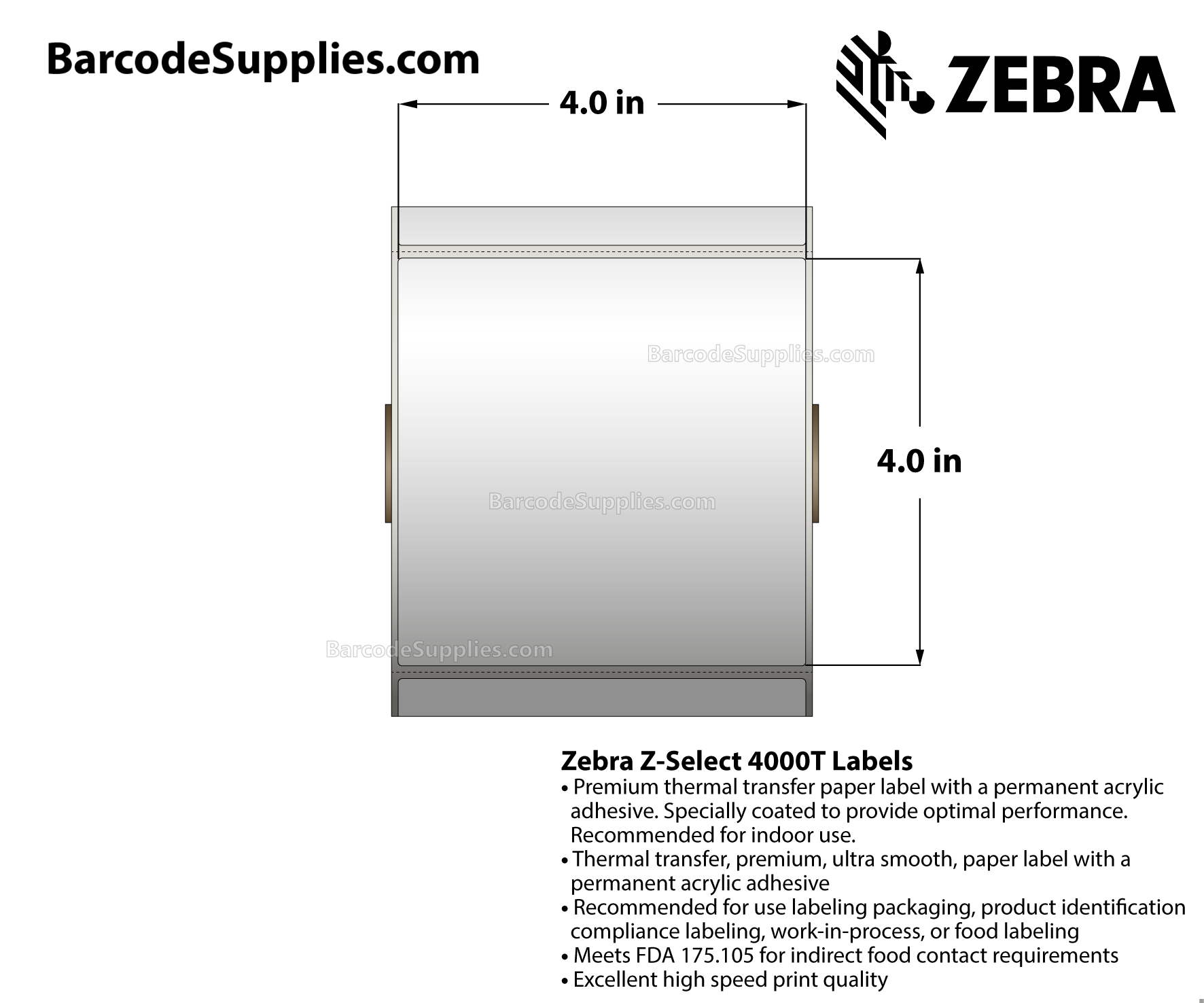 4 x 4 Thermal Transfer White Z-Select 4000T Labels With Permanent Adhesive - Perforated - 700 Labels Per Roll - Carton Of 12 Rolls - 8400 Labels Total - MPN: 800274-405