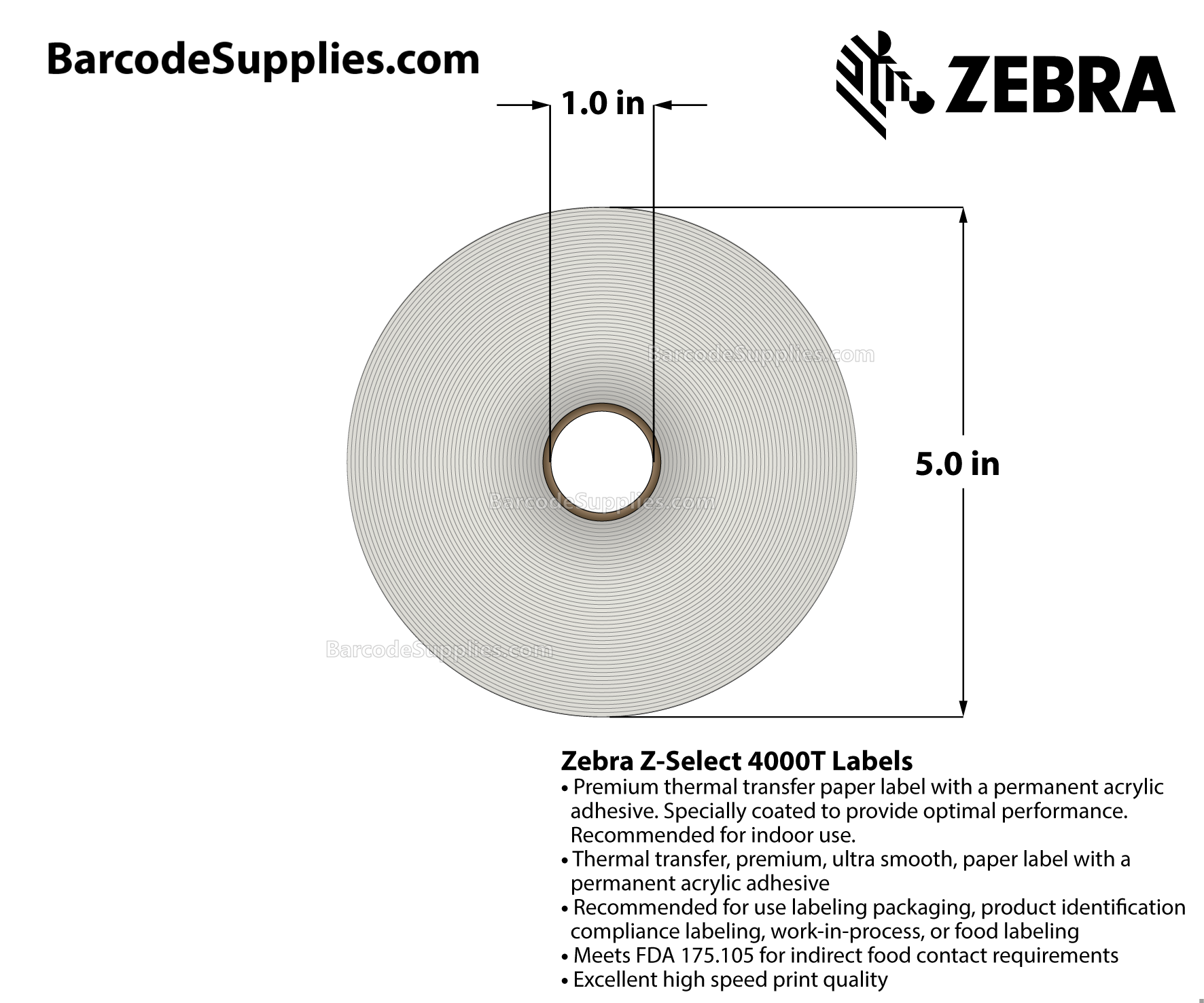 4 x 4 Thermal Transfer White Z-Select 4000T Labels With Permanent Adhesive - Perforated - 700 Labels Per Roll - Carton Of 12 Rolls - 8400 Labels Total - MPN: 800274-405