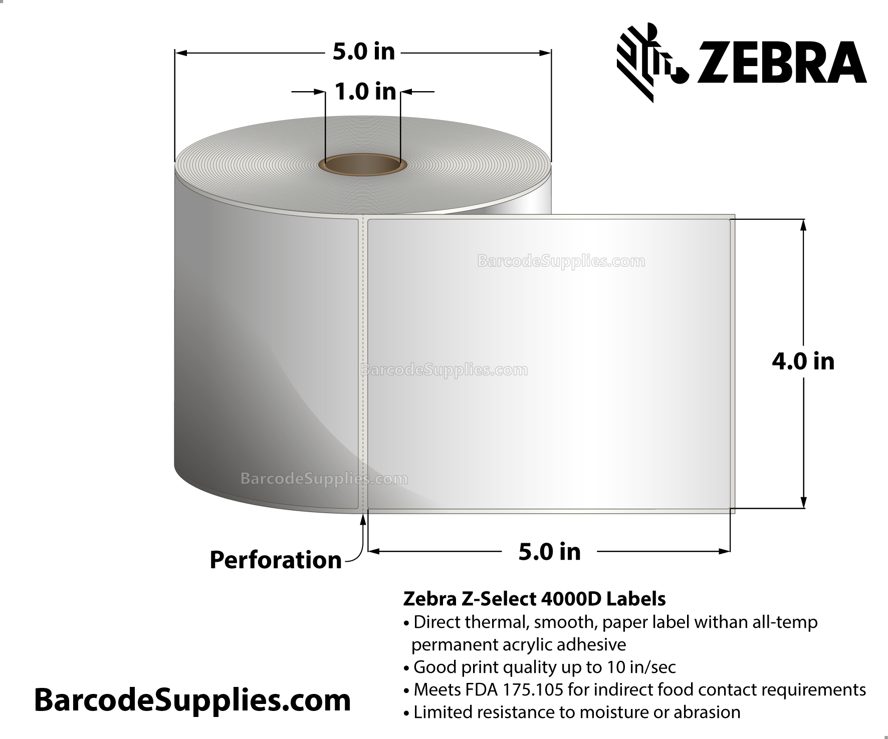 4 x 5 Direct Thermal White Z-Select 4000D Labels With All-Temp Adhesive - Perforated - 565 Labels Per Roll - Carton Of 12 Rolls - 6780 Labels Total - MPN: 10015346
