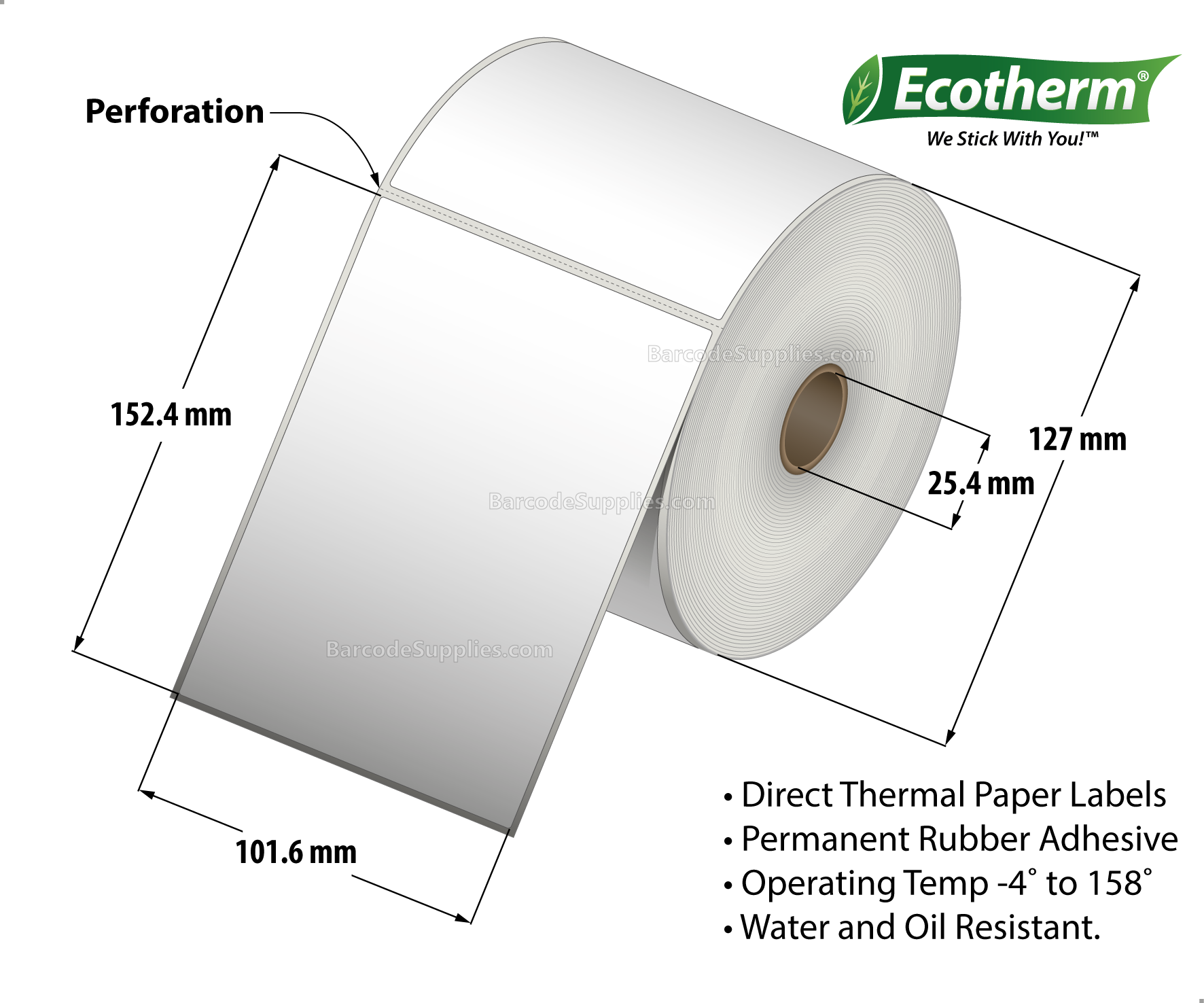 4 x 6 Direct Thermal White Labels With Rubber Adhesive - Perforated - 475 Labels Per Roll - Carton Of 6 Rolls - 2850 Labels Total - MPN: ECOTHERM15154-6