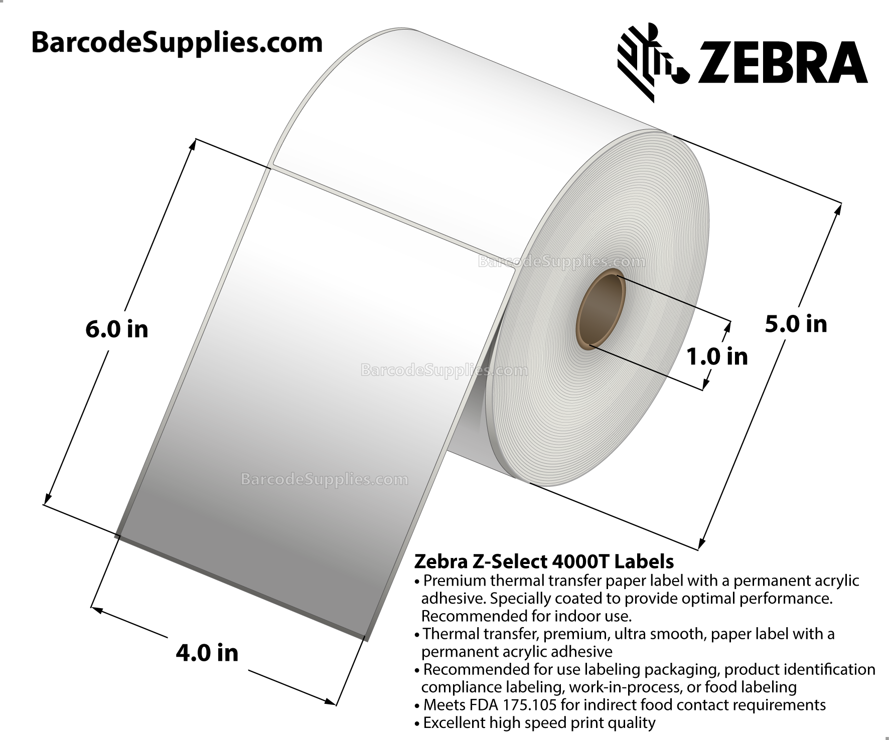 4 x 6 Thermal Transfer White Z-Select 4000T Labels With Permanent Adhesive - Not Perforation - 420 Labels Per Roll - Carton Of 4 Rolls - 1680 Labels Total - MPN: 82868